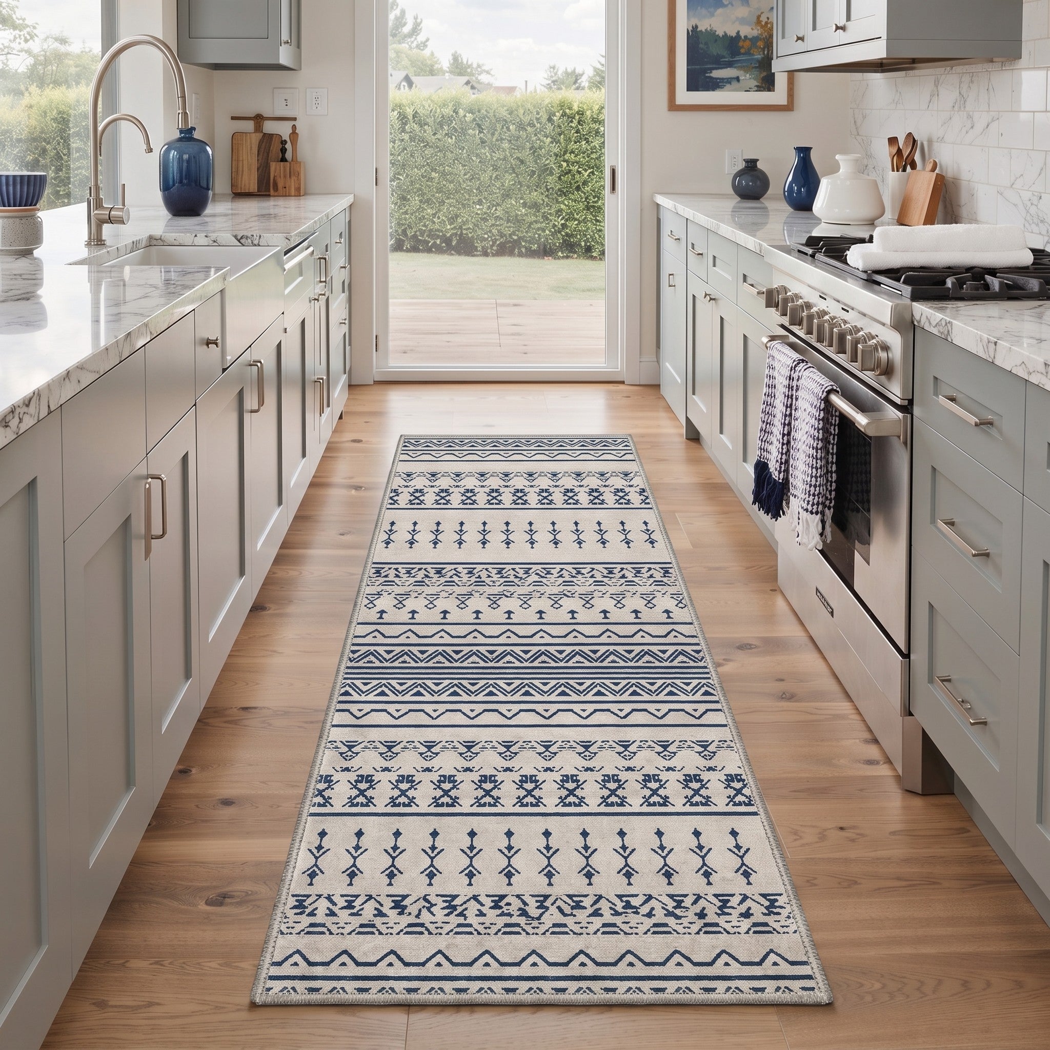 GENIMO 2'x7' Runner Rug, Washable Non Slip Soft Boho Geometric Hallway Runner for Kitchen Entryway Laundry Room, Ivory Navy