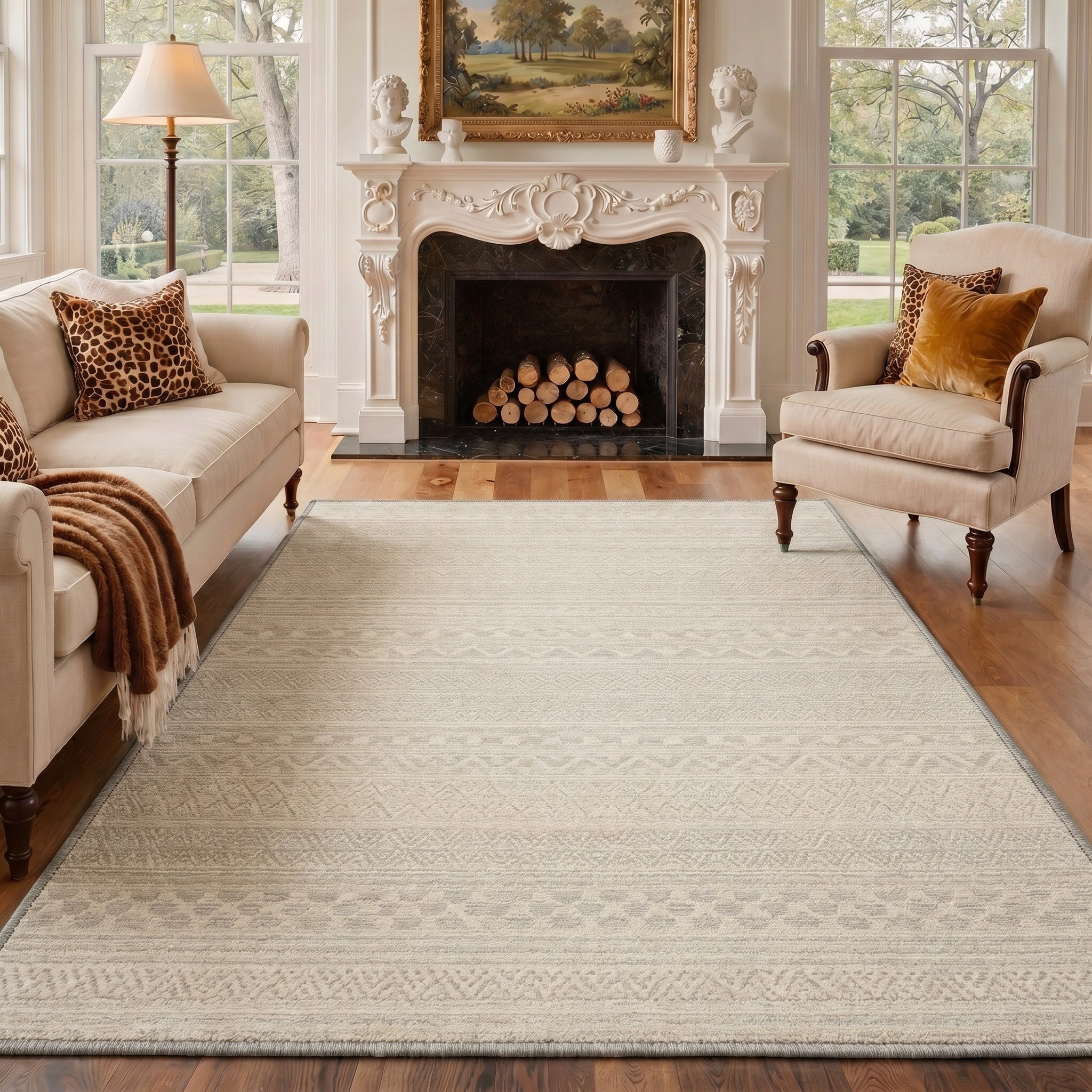 GENIMO 8'x10' Area Rug for Living Room, Washable Non Slip Soft Boho Geometric Rug for Bedroom Dining Room Home Office, Cream Beige