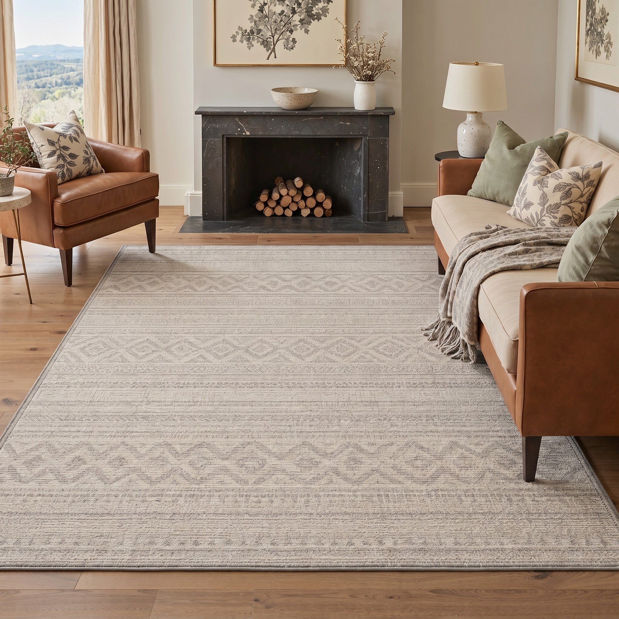 GENIMO 5'x7' Area Rug for Living Room, Washable Non Slip Soft Boho Geometric Rug for Bedroom Dining Room Home Office, Linen Beige