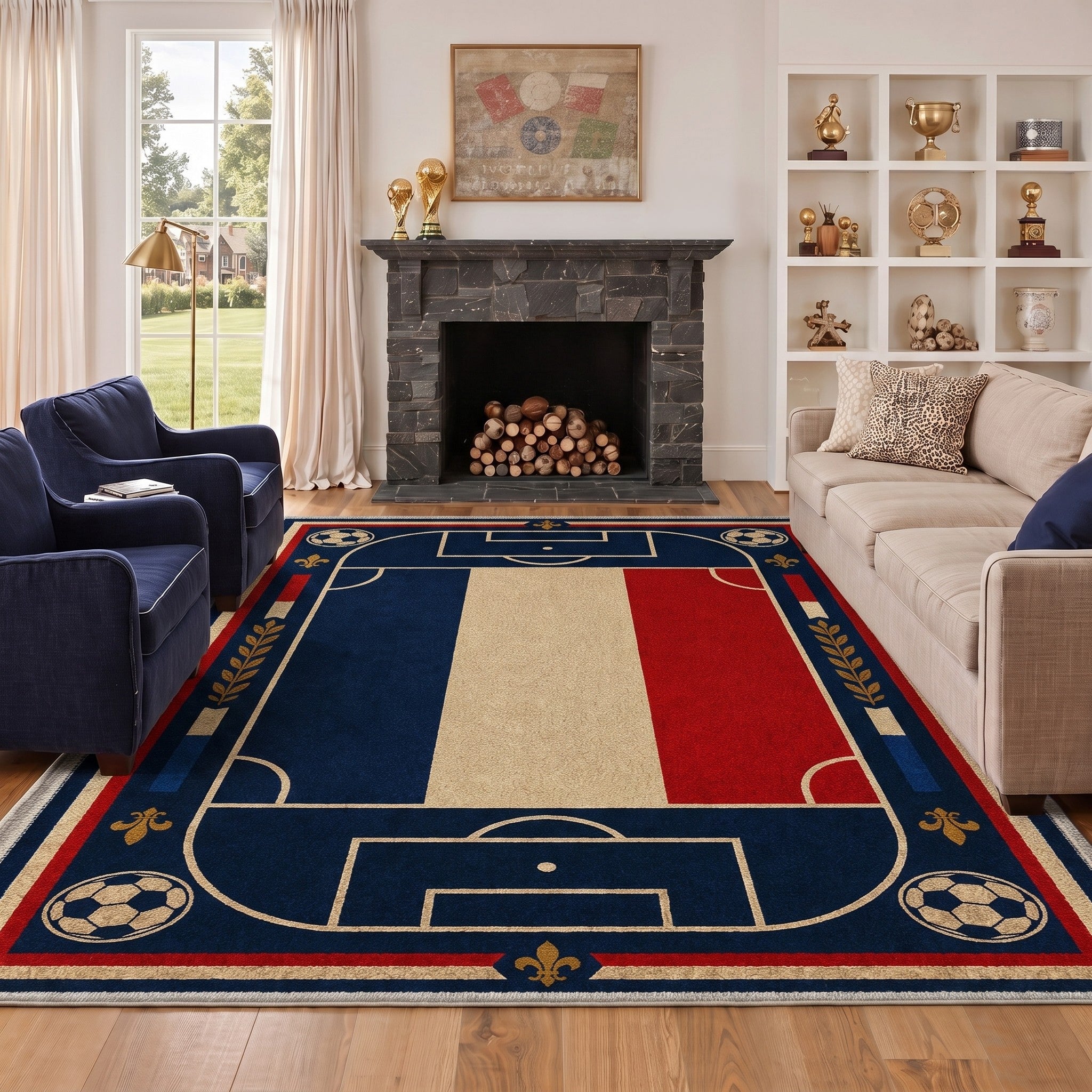 GENIMO 8'x10' Area Rug for Living Room, Washable Rug Non Slip Soft Fleur-de-lis Tricolor Rug for Bedroom Dining Room Home Office, Vintage Tricolor