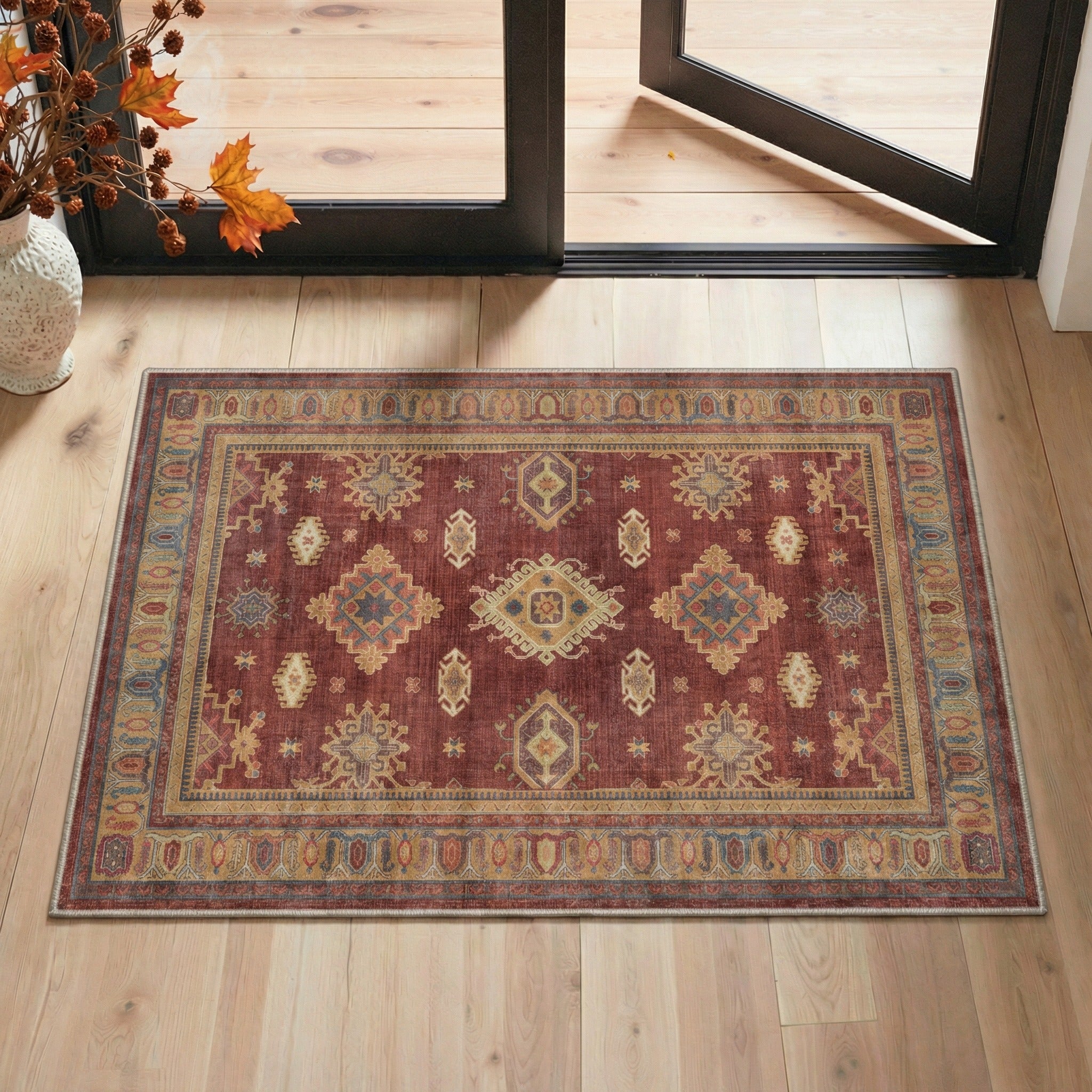 GENIMO 2'x3' Area Rug, Washable Non Slip Soft Persian Indoor Door Mat for Entryway Kitchen Laundry Room, Muted Burgundy