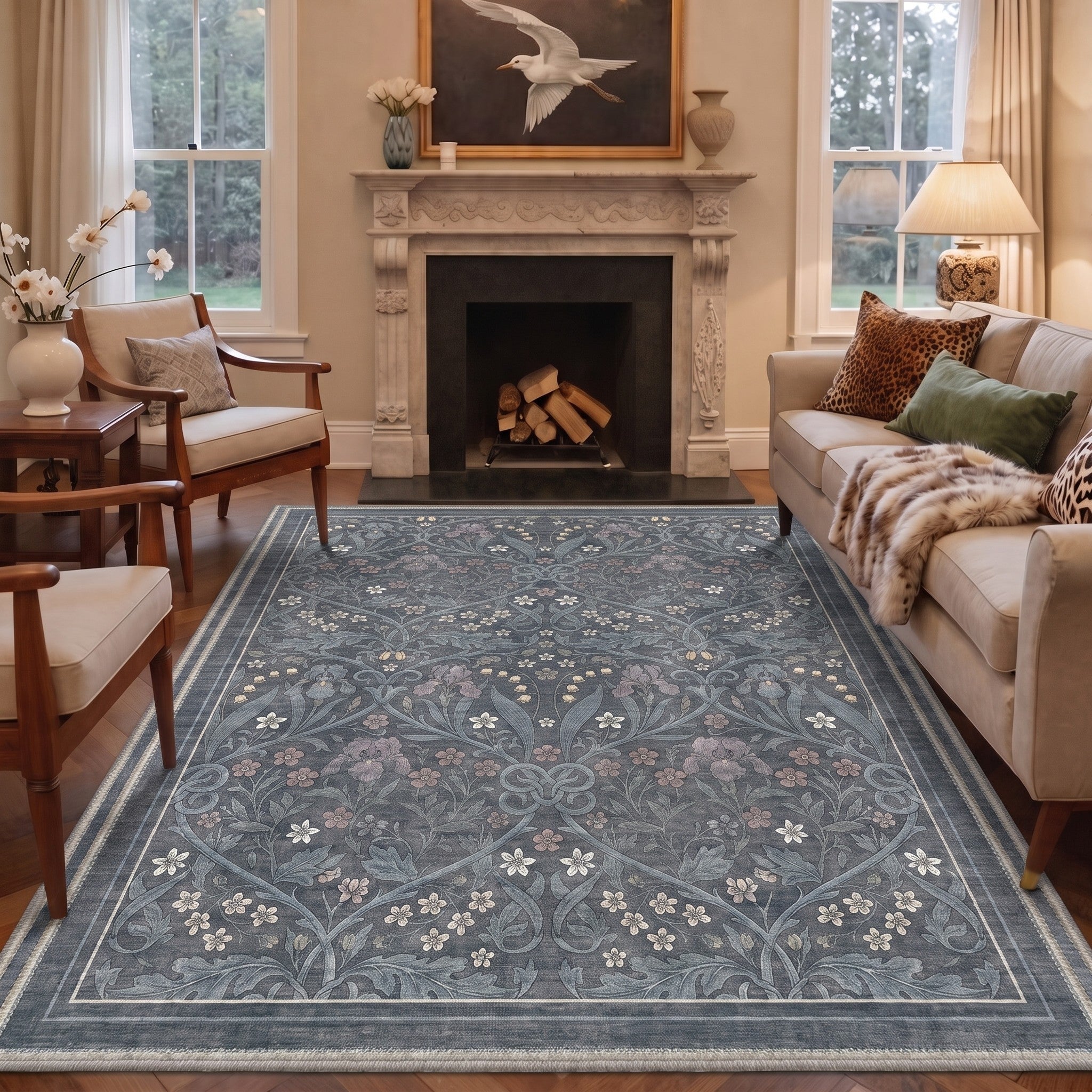 GENIMO 8'x10' Area Rug for Living Room, Washable Non Slip Soft Vintage Floral Rug for Bedroom Dining Room Home Office, SlateBlue