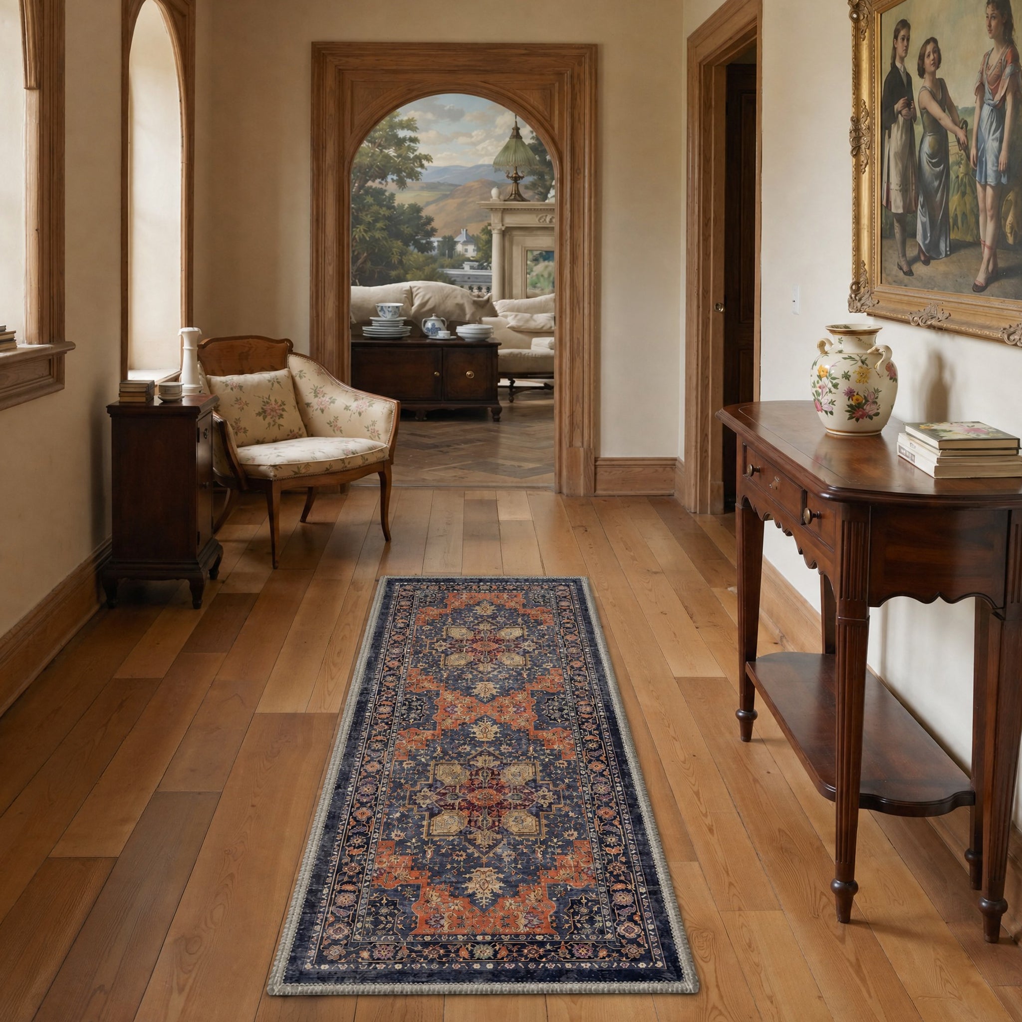 GENIMO 2'x7' Runner Rug, Washable Non Slip Soft Vintage Persian Hallway Runner for Kitchen Entryway Laundry Room, Navy Terracotta