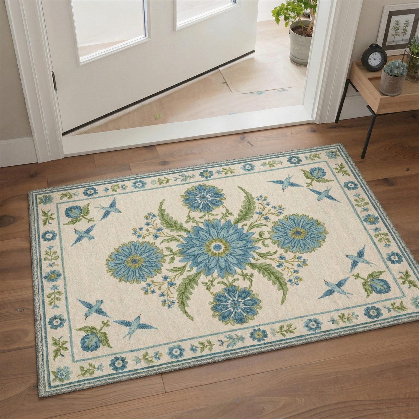 GENIMO 2'x3' Area Rug, Washable Non Slip Soft Floral Birds Indoor Door Mat for Entryway Kitchen Laundry Room, Dusty Blue