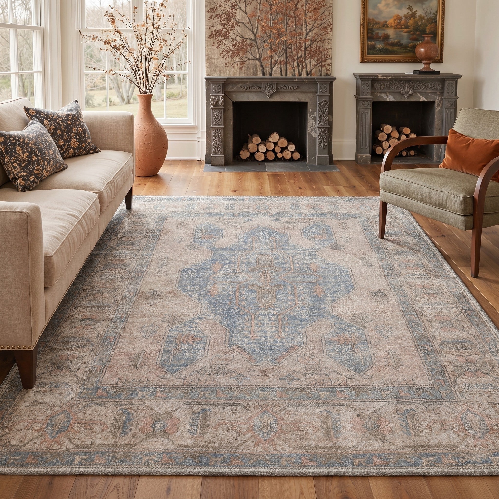 GENIMO 5'x7' Area Rug for Living Room, Washable Non Slip Soft Vintage Persian Rug for Bedroom Dining Room Home Office, Dusty Blue