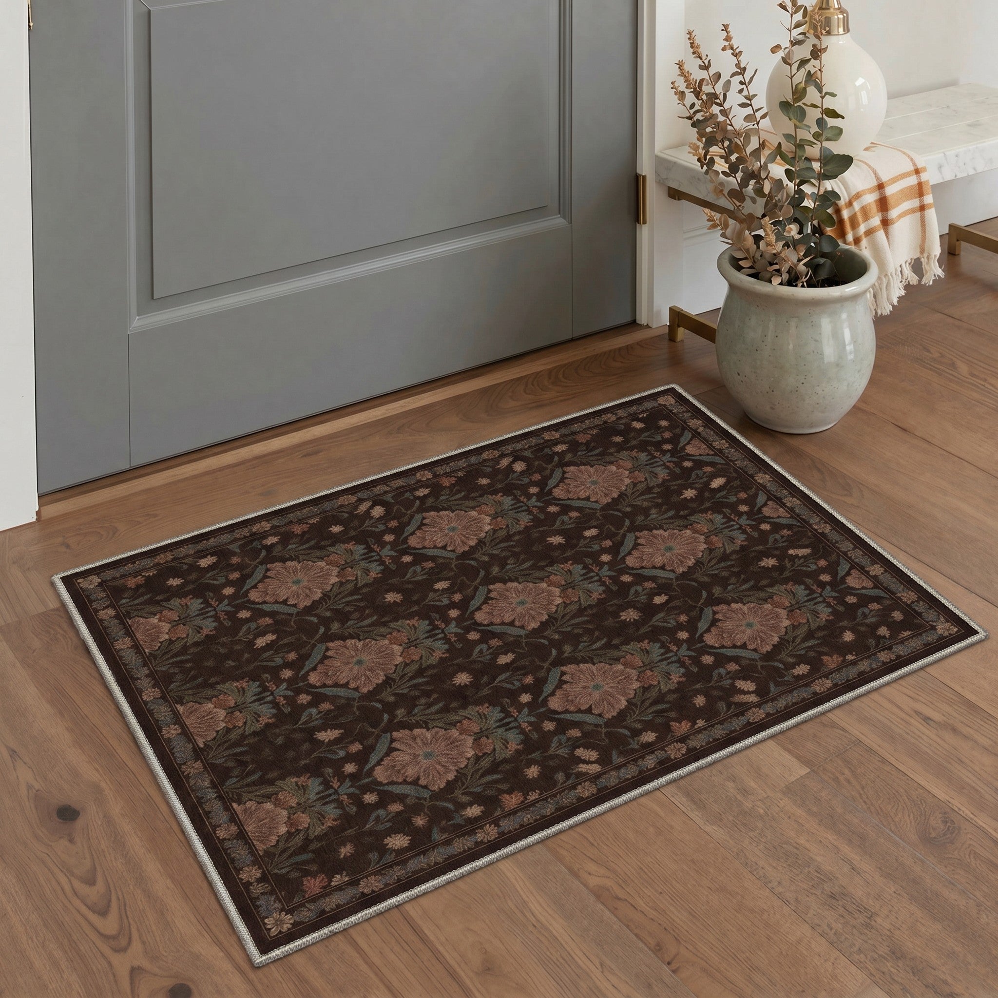 GENIMO 2'x3' Area Rug, Washable Non Slip Soft Vintage Floral Indoor Door Mat for Entryway Kitchen Laundry Room, Deep Mocha