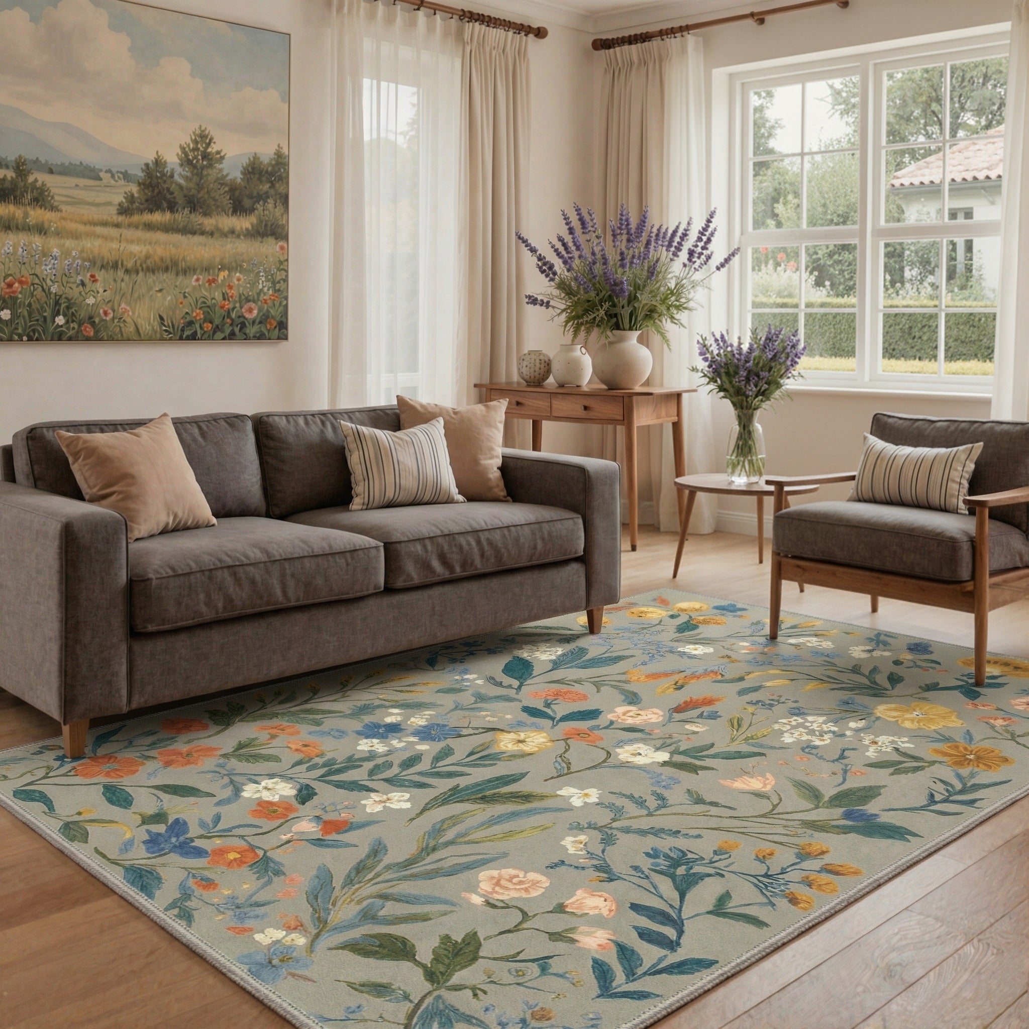 GENIMO 5'x7' Area Rug for Living Room, Washable Non Slip Soft Floral Rug for Bedroom Dining Room Home Office, Dusty Sage