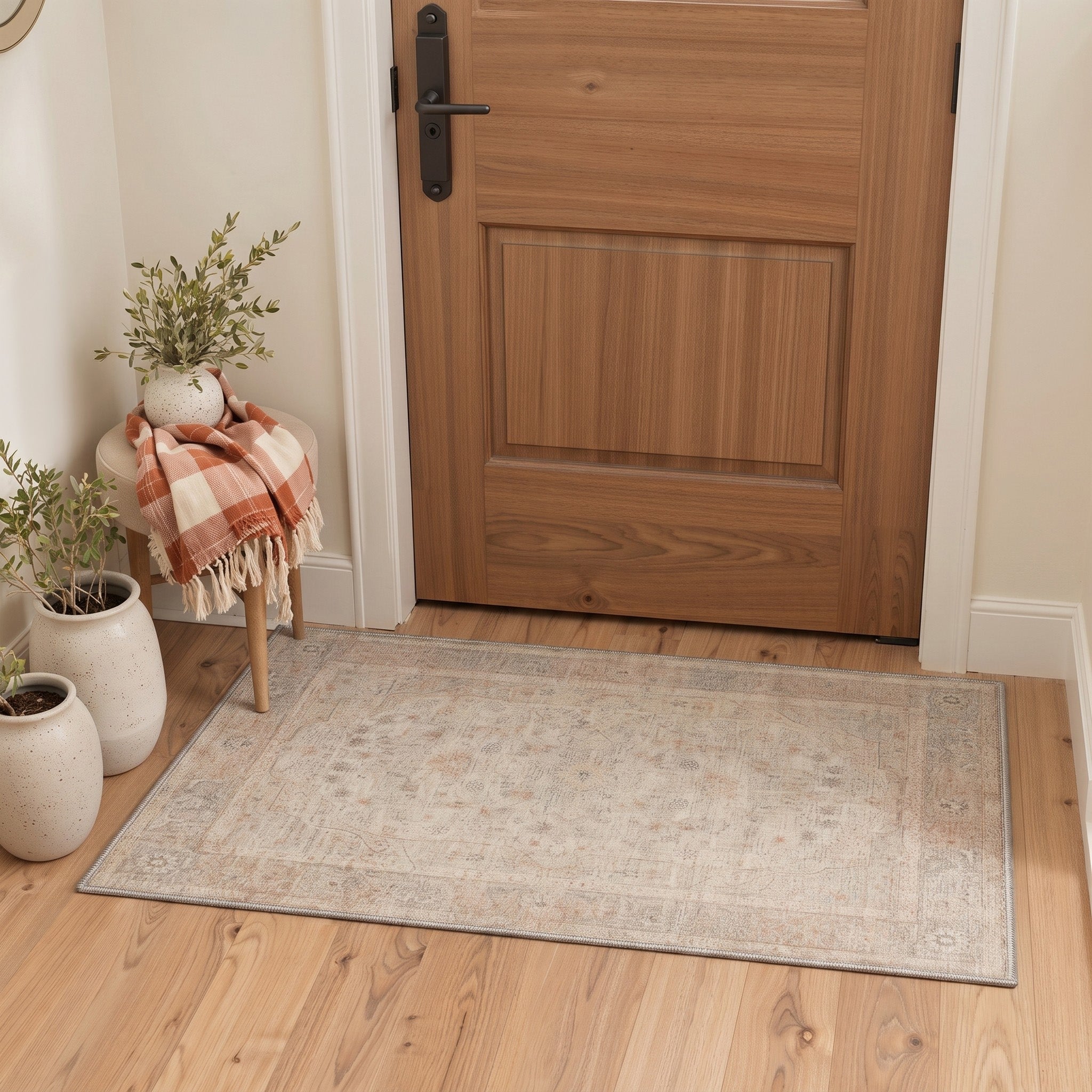 GENIMO 2'x3' Area Rug, Washable Non Slip Soft Vintage Persian Indoor Door Mat for Entryway Kitchen Laundry Room, Blush Beige