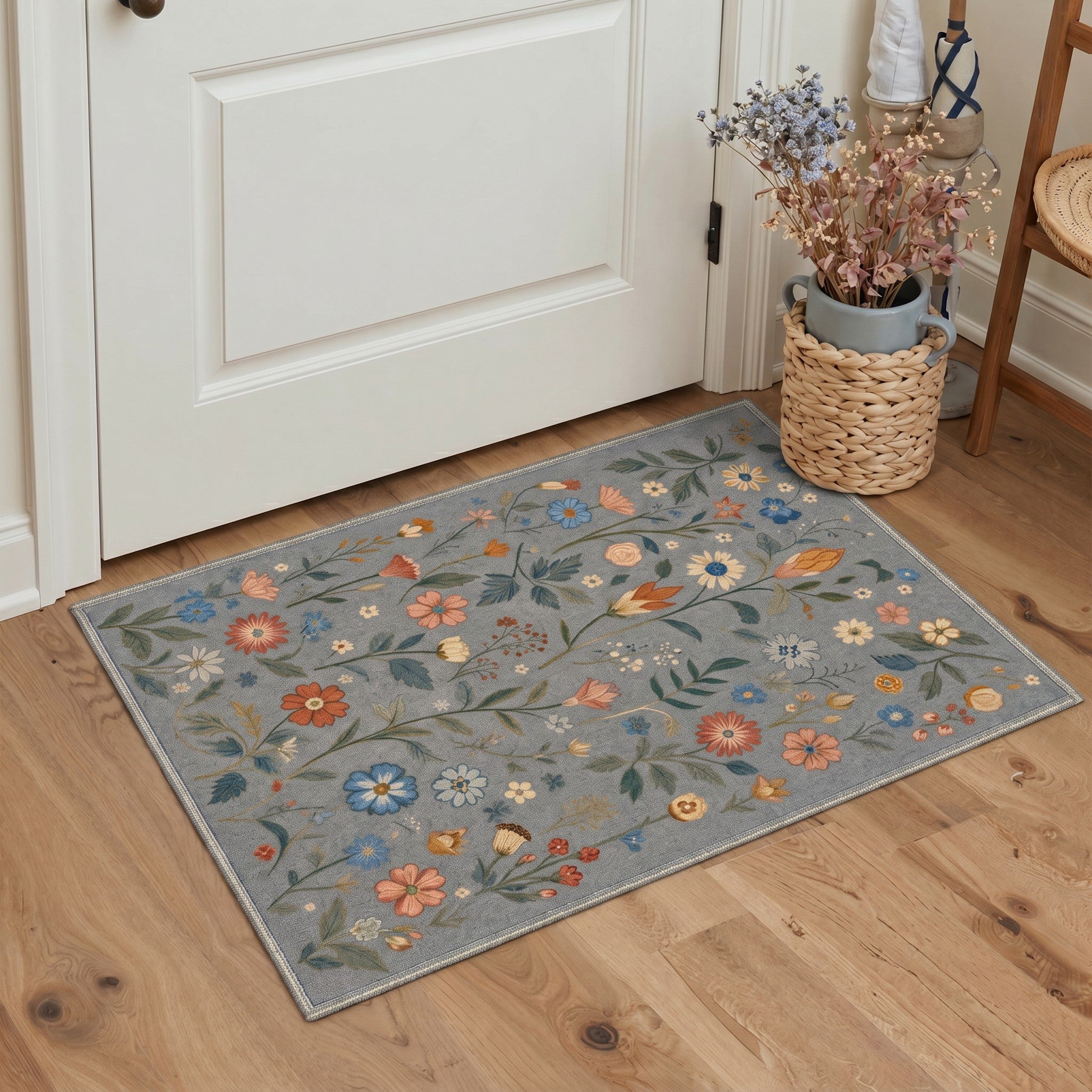 GENIMO 2'x3' Area Rug, Washable Non Slip Soft Vintage Floral Indoor Door Mat for Entryway Kitchen Laundry Room, Dusty Blue