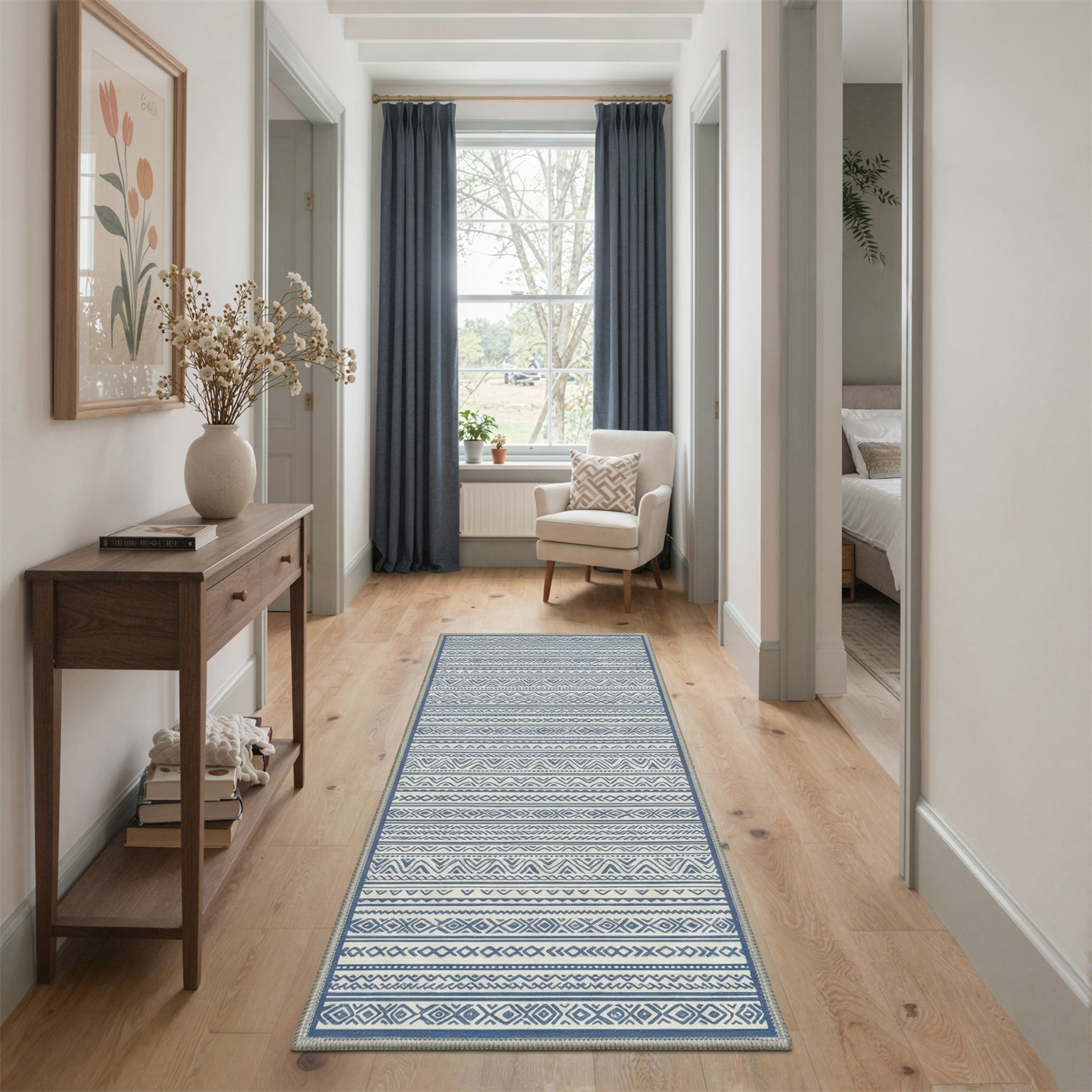 GENIMO 2'x7' Runner Rug, Washable Non Slip Soft Boho Hallway Runner for Kitchen Entryway Laundry Room, Ivory Blue