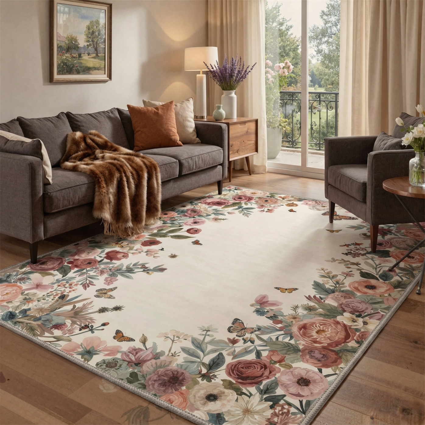 GENIMO 5'x7' Area Rug for Living Room, Washable Non Slip Soft Floral Rug for Bedroom Dining Room Home Office, Dusty Rose