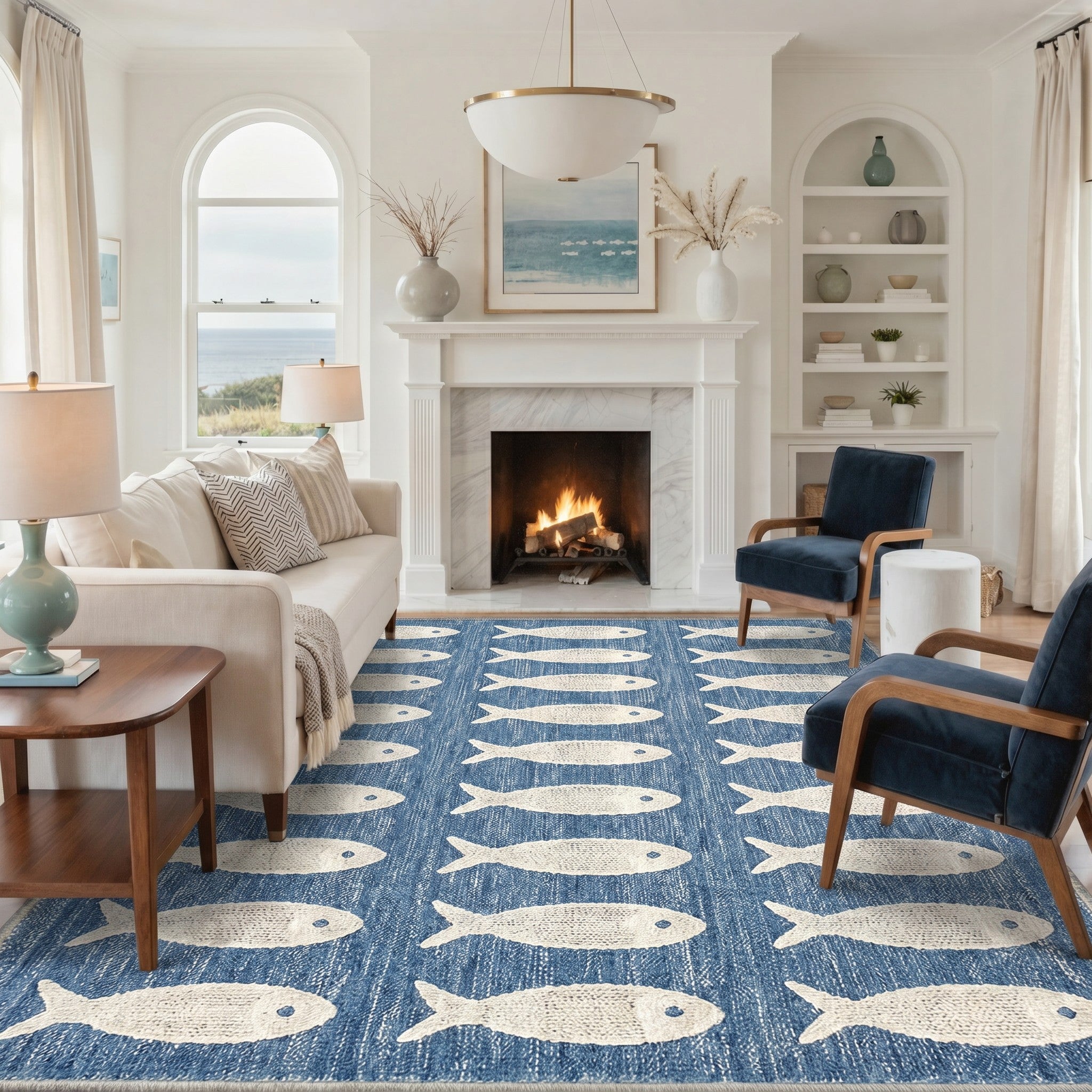 GENIMO 8'x10' Area Rug for Living Room, Washable Non Slip Soft Fish Print Rug for Bedroom Dining Room Home Office, Washed Blue