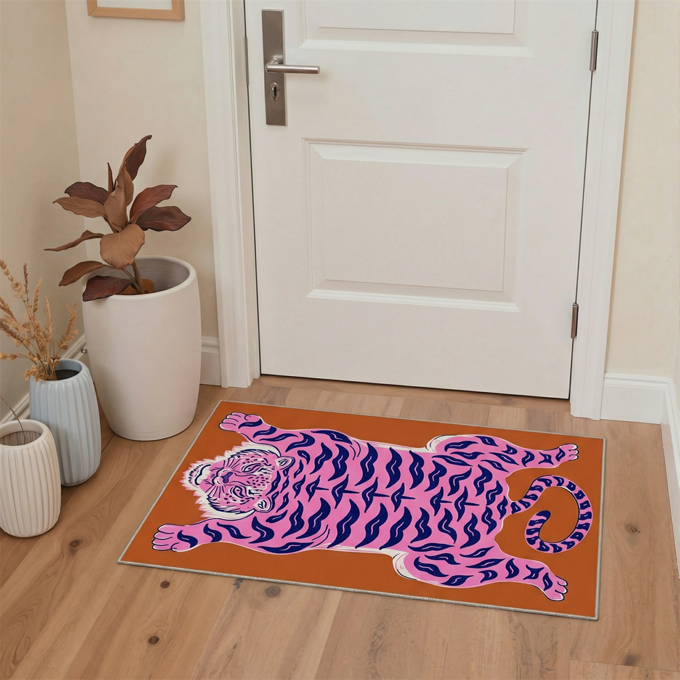 GENIMO 2'x3' Area Rug, Washable Non Slip Soft Tiger Print Indoor Door Mat for Entryway Kitchen Laundry Room, Papaya Pink