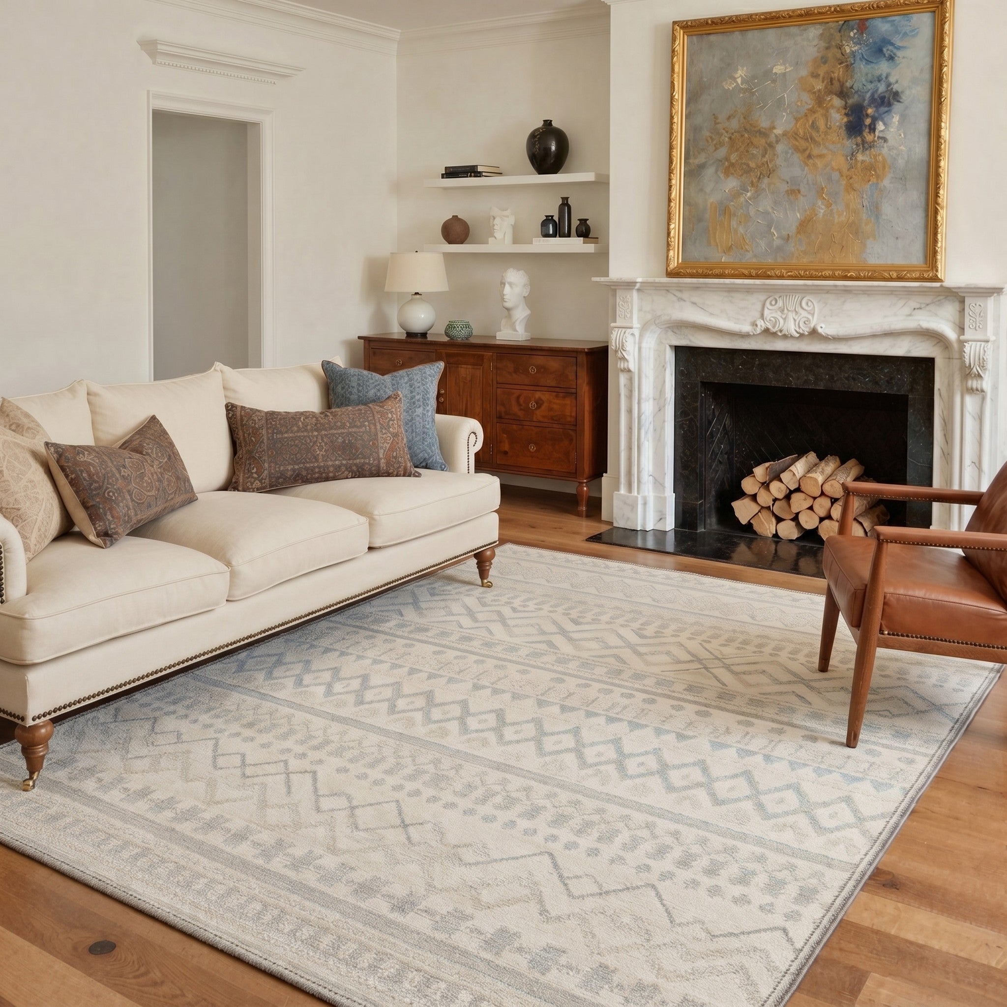GENIMO 5'x7' Area Rug for Living Room, Washable Non Slip Soft Boho Geometric Rug for Bedroom Dining Room Home Office, Ash Beige