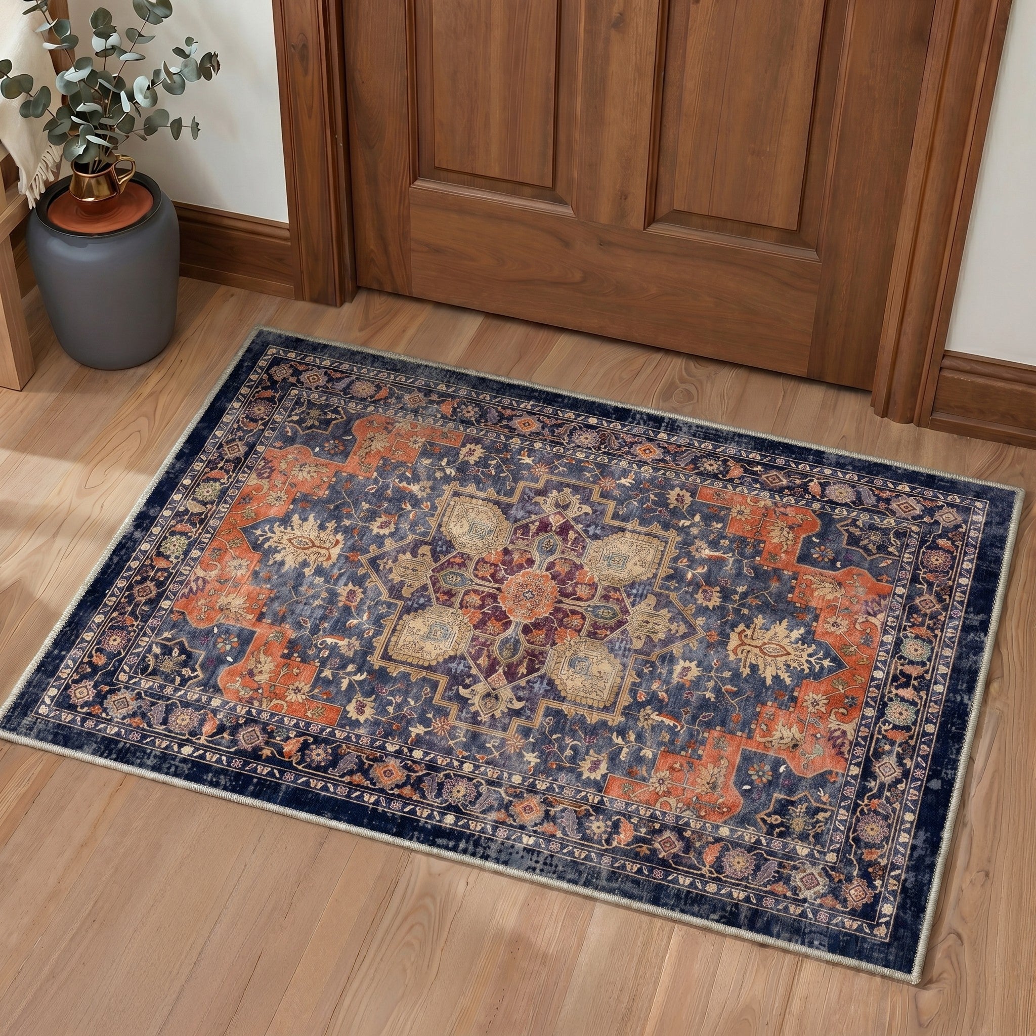 GENIMO 2'x3' Area Rug, Washable Non Slip Soft Vintage Persian Indoor Door Mat for Entryway Kitchen Laundry Room, Navy Terracotta
