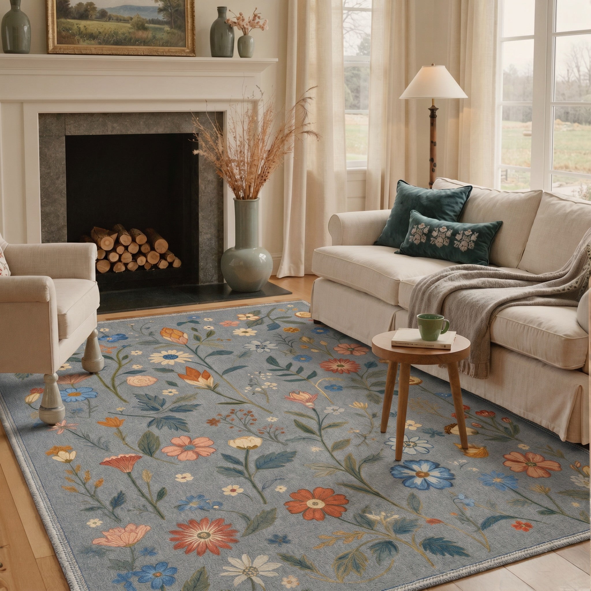 GENIMO 8'x10' Area Rug for Living Room, Washable Non Slip Soft Vintage Floral Rug for Bedroom Dining Room Home Office, Dusty Blue