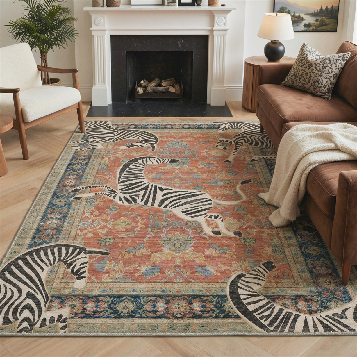 GENIMO 5'x7' Area Rug for Living Room, Washable Non Slip Soft Zebra Print Rug for Bedroom Dining Room Home Office, Rust Red
