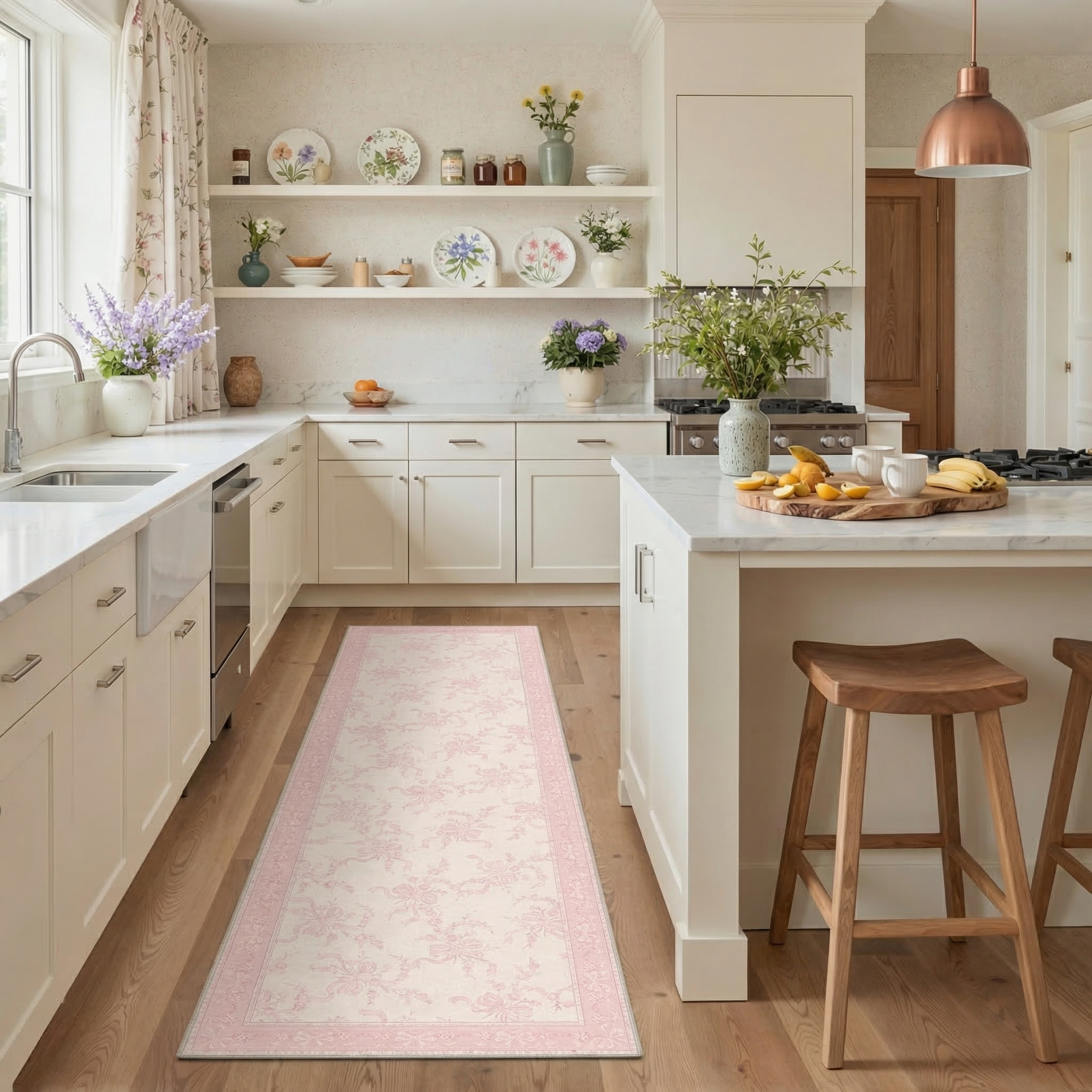 GENIMO 2'x7' Runner Rug, Washable Non Slip Soft Floral Hallway Runner for Kitchen Entryway Laundry Room, Blush Pink