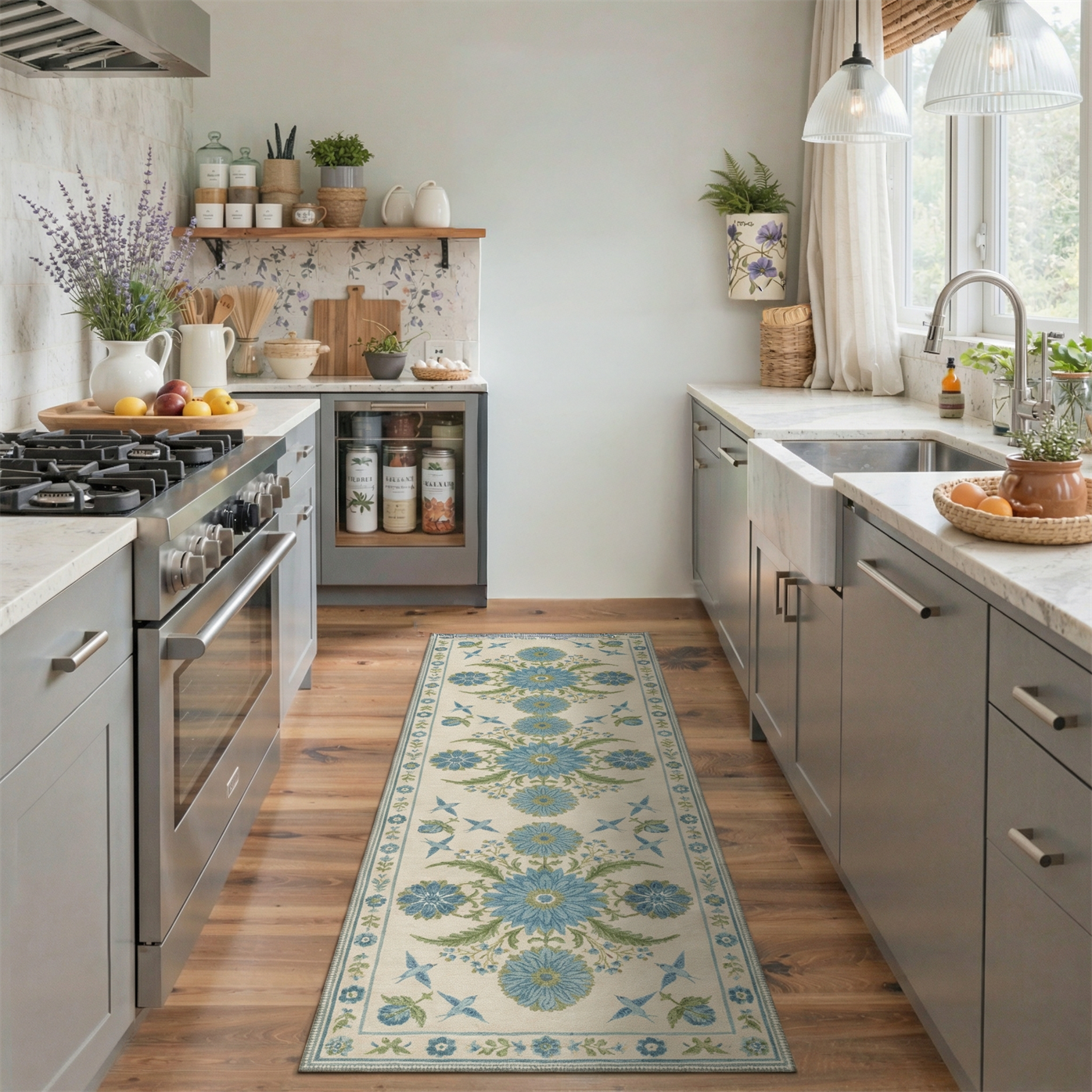 GENIMO 2'x7' Runner Rug, Washable Non Slip Soft Floral Birds Hallway Runner for Kitchen Entryway Laundry Room, Dusty Blue
