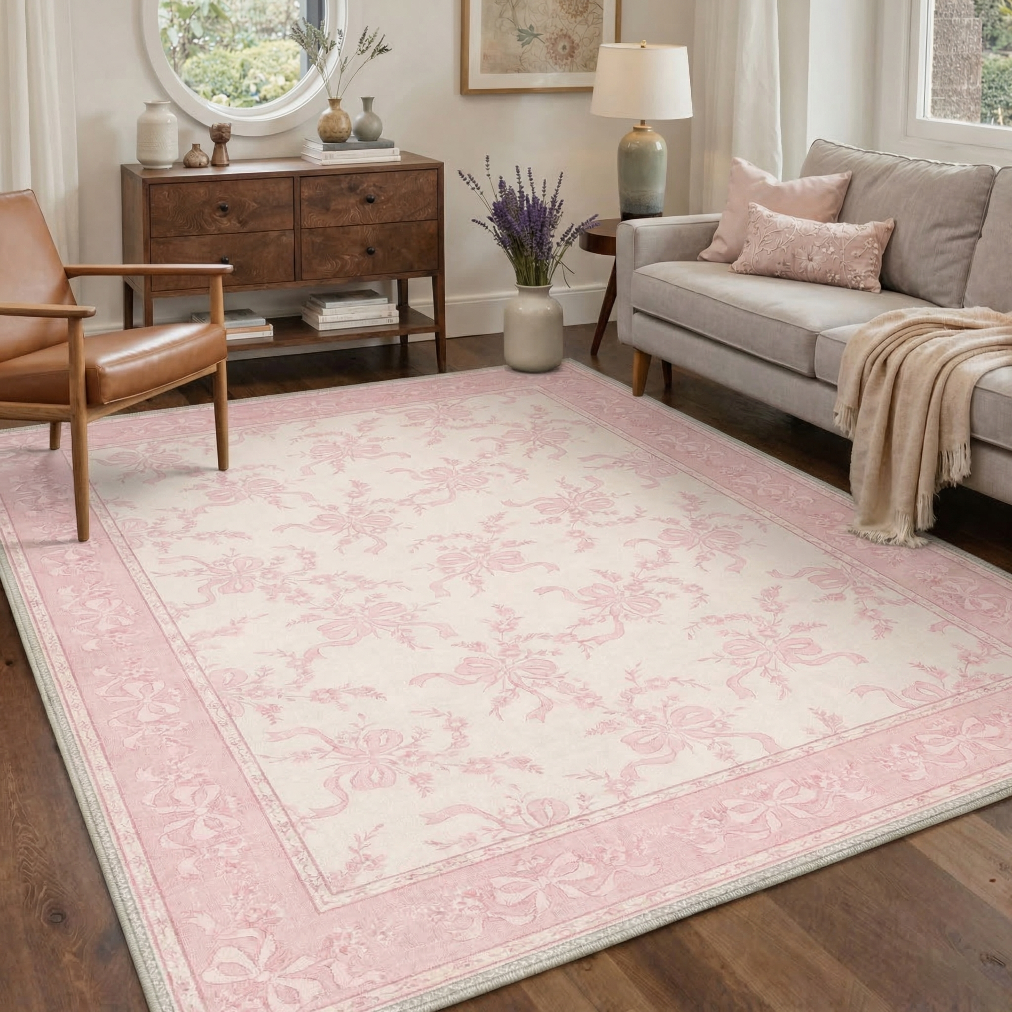 GENIMO 5'x7' Area Rug for Living Room, Washable Non Slip Soft Floral Rug for Bedroom Dining Room Home Office, Blush Pink