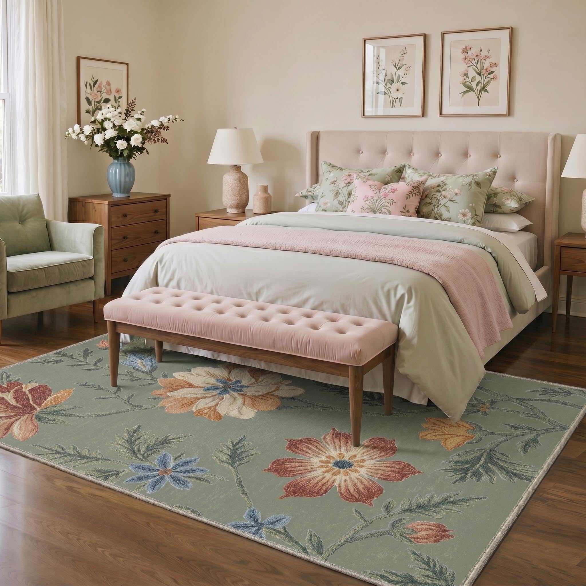 GENIMO 5'x7' Area Rug for Living Room, Washable Non Slip Soft Floral Rug for Bedroom Dining Room Home Office, Sage Green