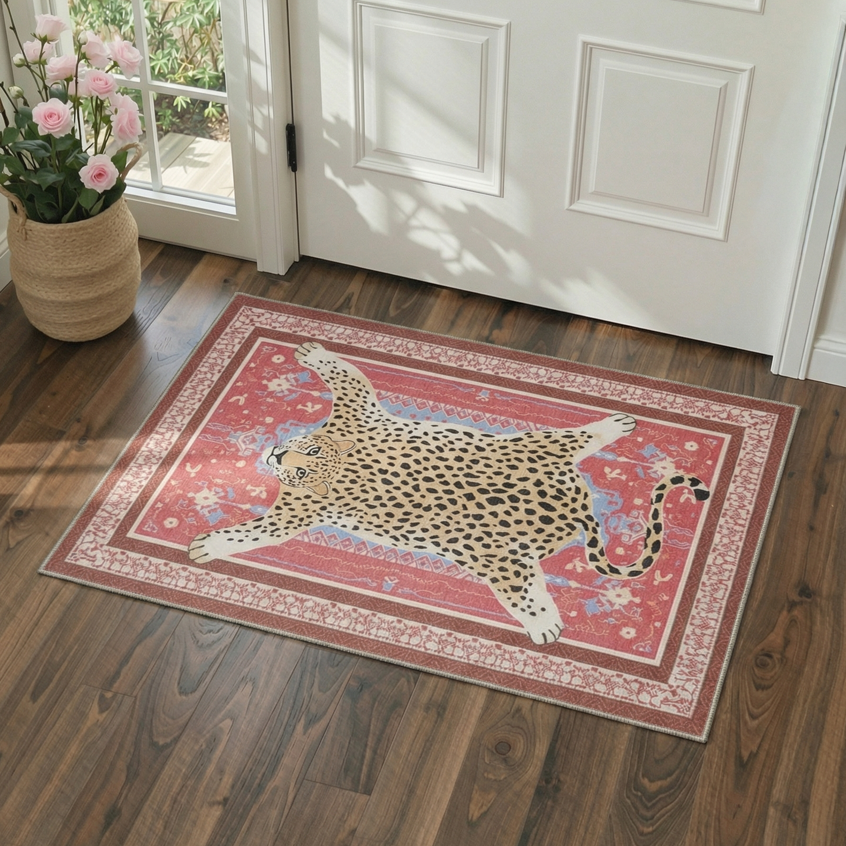 GENIMO 2'x3' Area Rug, Washable Non Slip Soft Animal Print Indoor Door Mat for Entryway Kitchen Laundry Room, Dusty Red