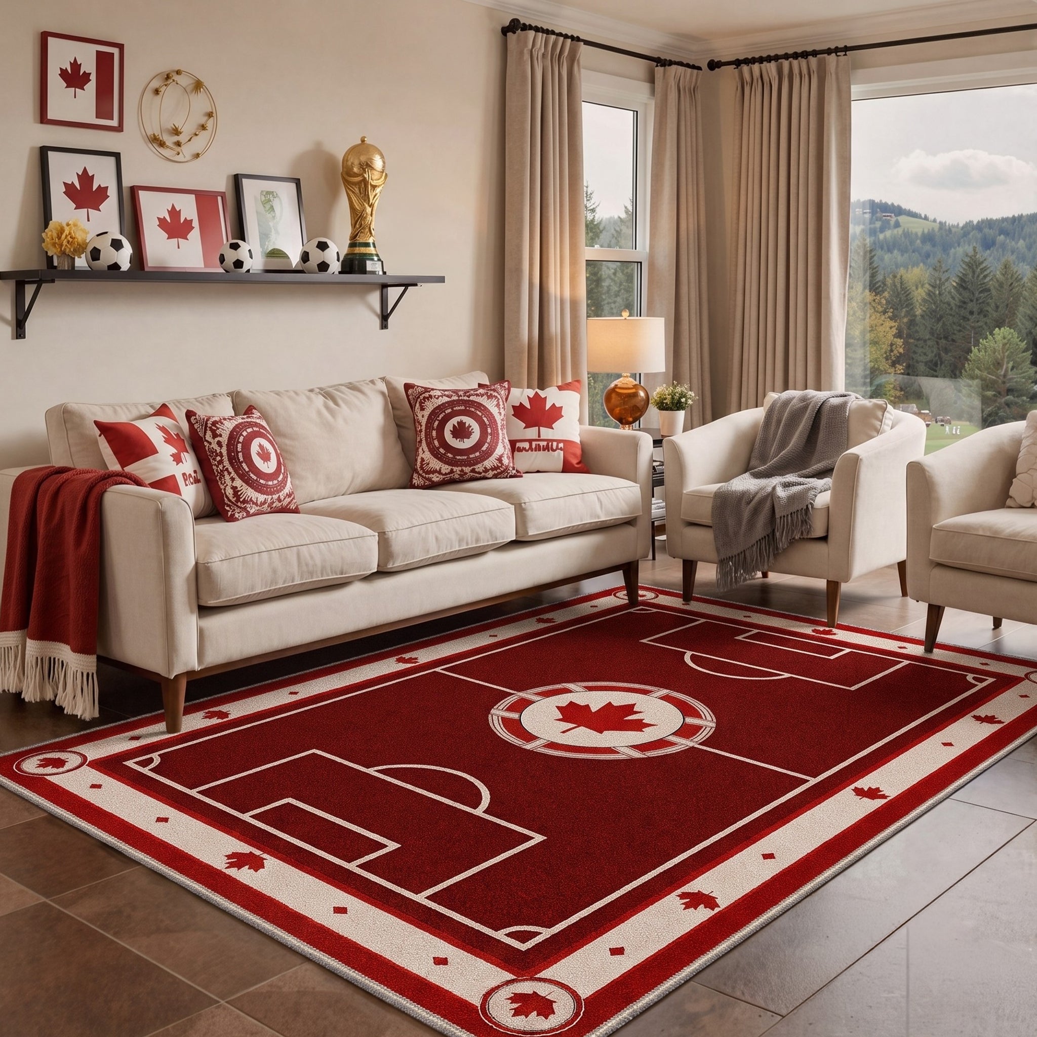 GENIMO 5'x7' Area Rug for Living Room, Washable Rug Non Slip Soft Maple Leaf Soccer Field Rug for Bedroom Dining Room Home Office, Dusty Crimson