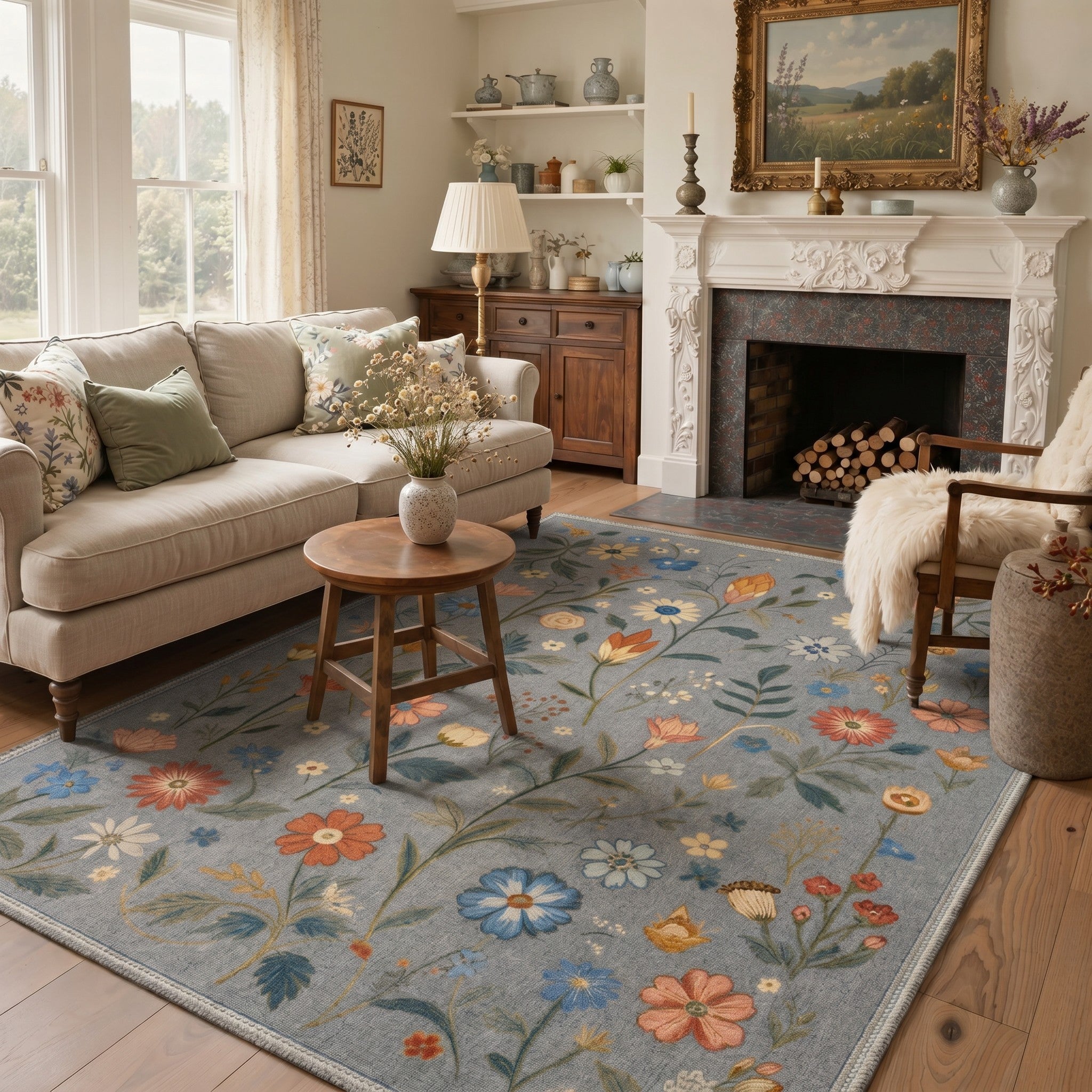 GENIMO 5'x7' Area Rug for Living Room, Washable Non Slip Soft Vintage Floral Rug for Bedroom Dining Room Home Office, Dusty Blue