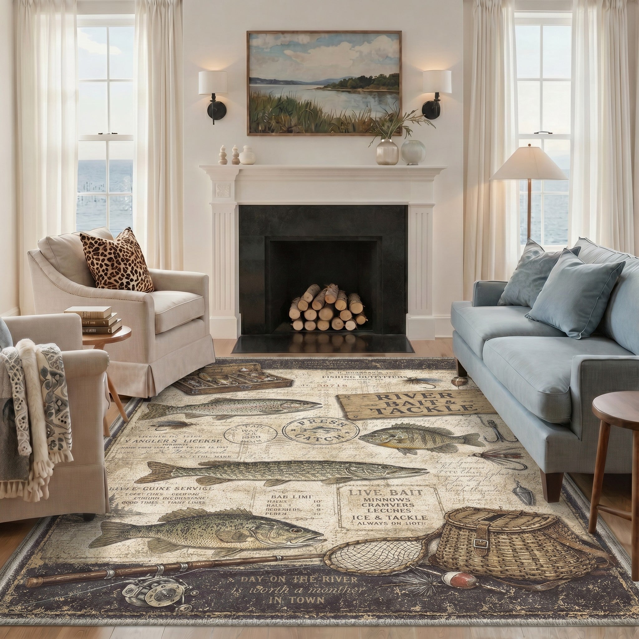 GENIMO 8'x10' Area Rug for Living Room, Washable Non Slip Soft Vintage Fish Rug for Bedroom Dining Room Home Office, Aged Sepia