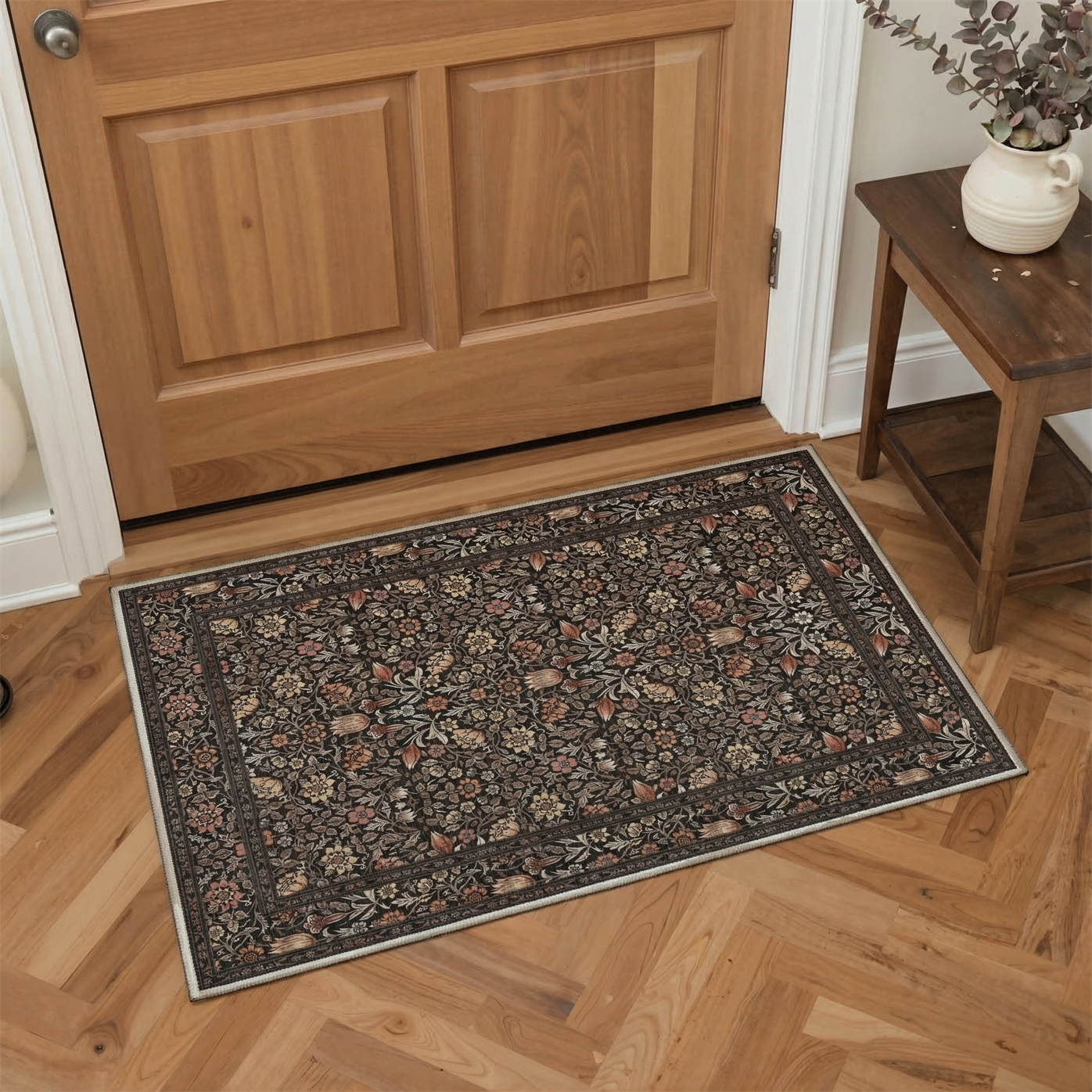 GENIMO 2'x3' Area Rug, Washable Non Slip Soft Vintage Floral Indoor Door Mat for Entryway Kitchen Laundry Room, Antique Brown