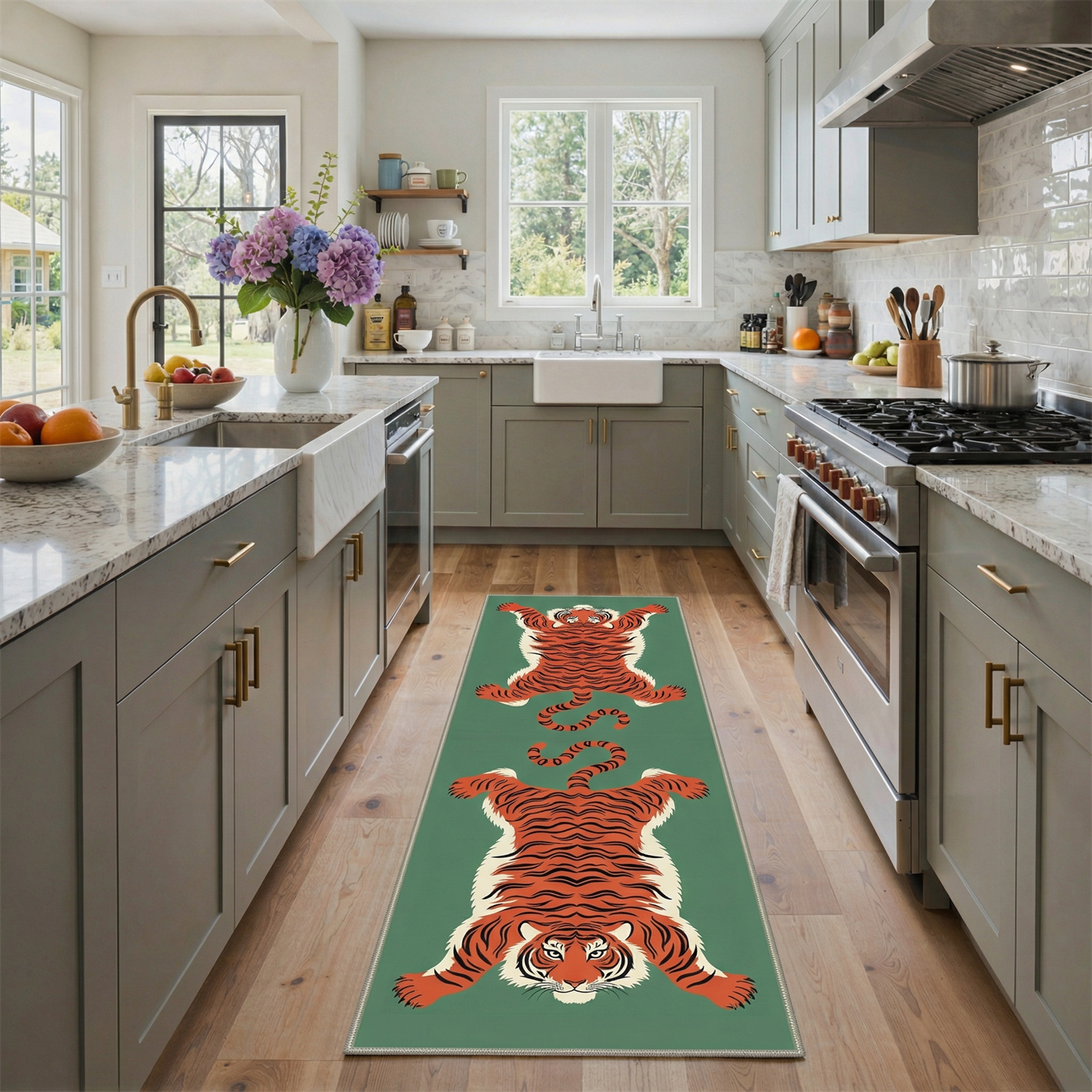 GENIMO 2'x7' Runner Rug, Washable Non Slip Soft Tiger Print Hallway Runner for Kitchen Entryway Laundry Room, Moss Terracotta