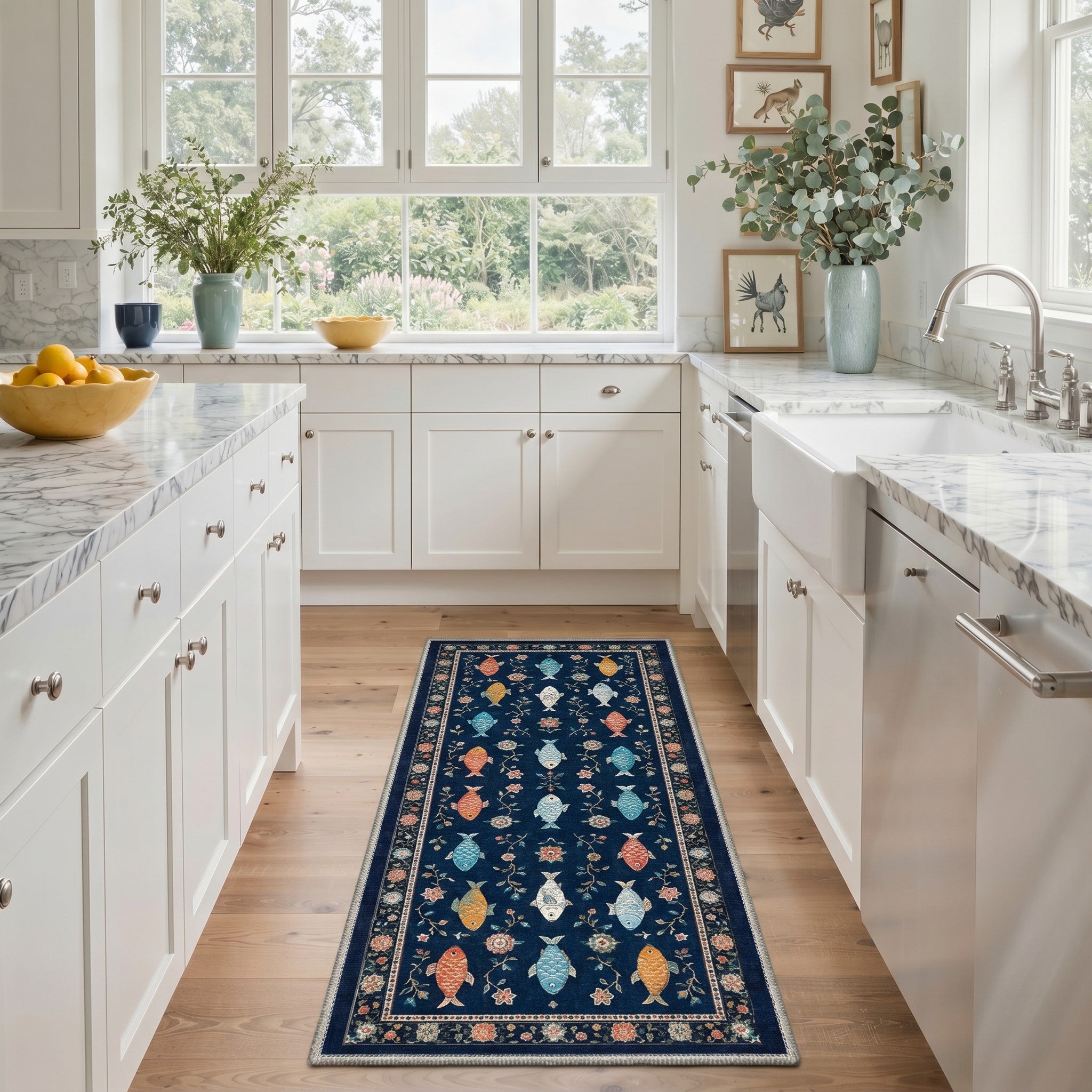 GENIMO 2'x7' Runner Rug, Washable Non Slip Soft Fish Floral Print Hallway Runner for Kitchen Entryway Laundry Room, Vintage Navy