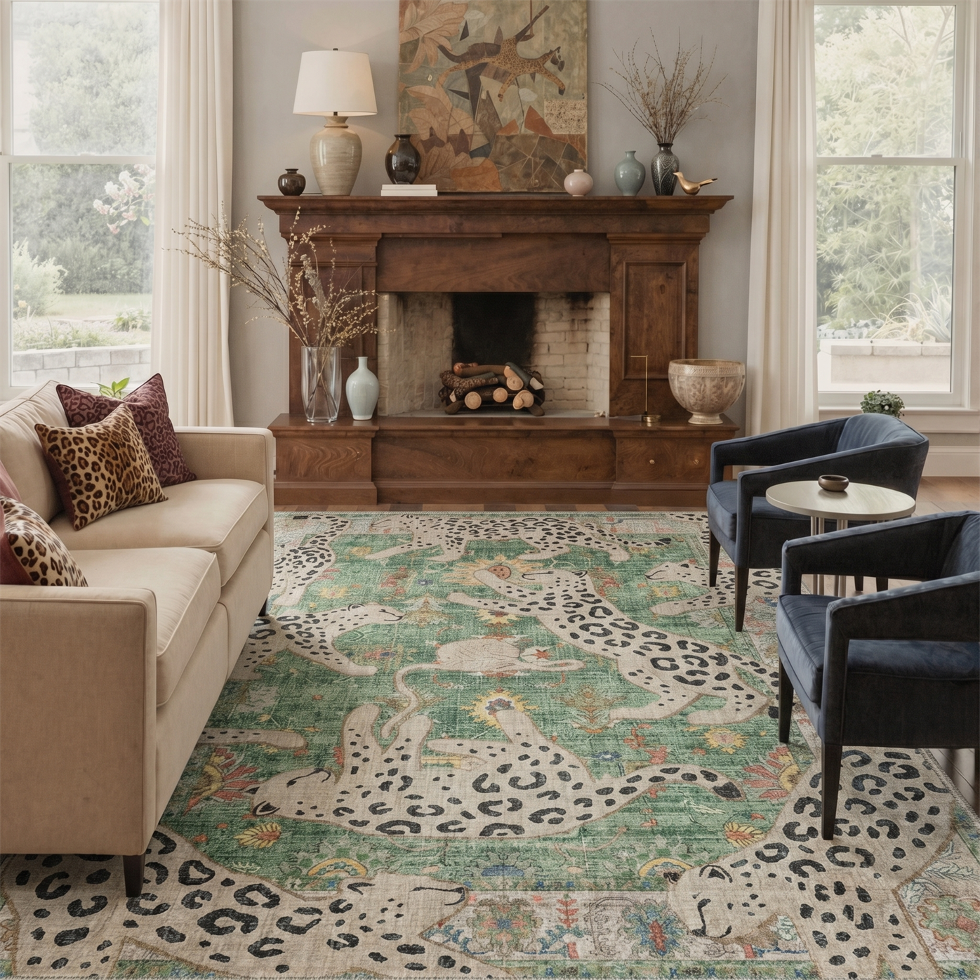 GENIMO 8'x10' Area Rug for Living Room, Washable Non Slip Soft Leopard Print Rug for Bedroom Dining Room Home Office, Dusty Sage