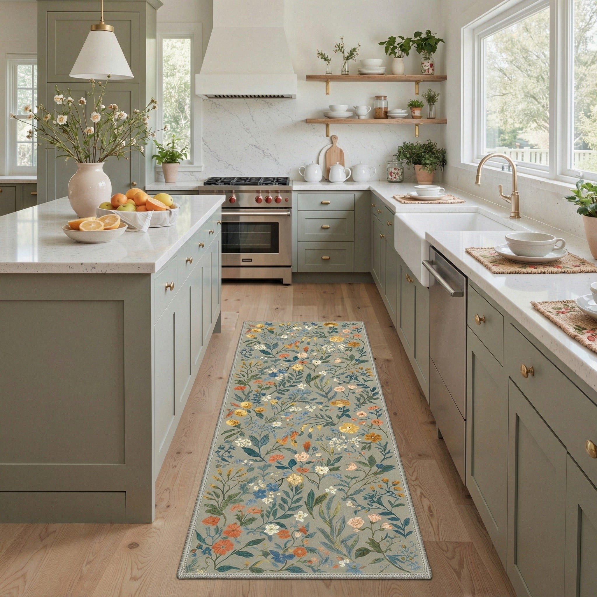 GENIMO 2'x7' Runner Rug, Washable Non Slip Soft Floral Hallway Runner for Kitchen Entryway Laundry Room, Dusty Sage