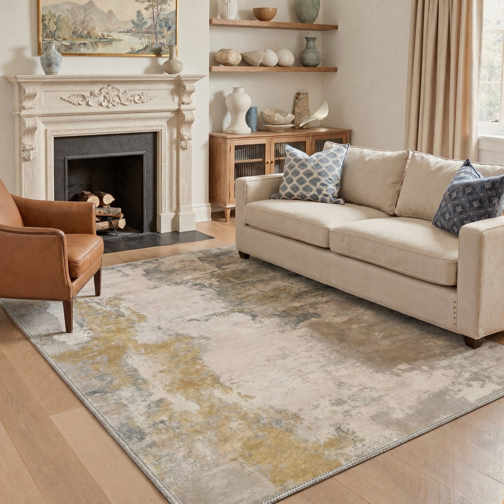 GENIMO 5'x7' Area Rug for Living Room, Washable Non Slip Soft Abstract Rug for Bedroom Dining Room Home Office, Golden Beige