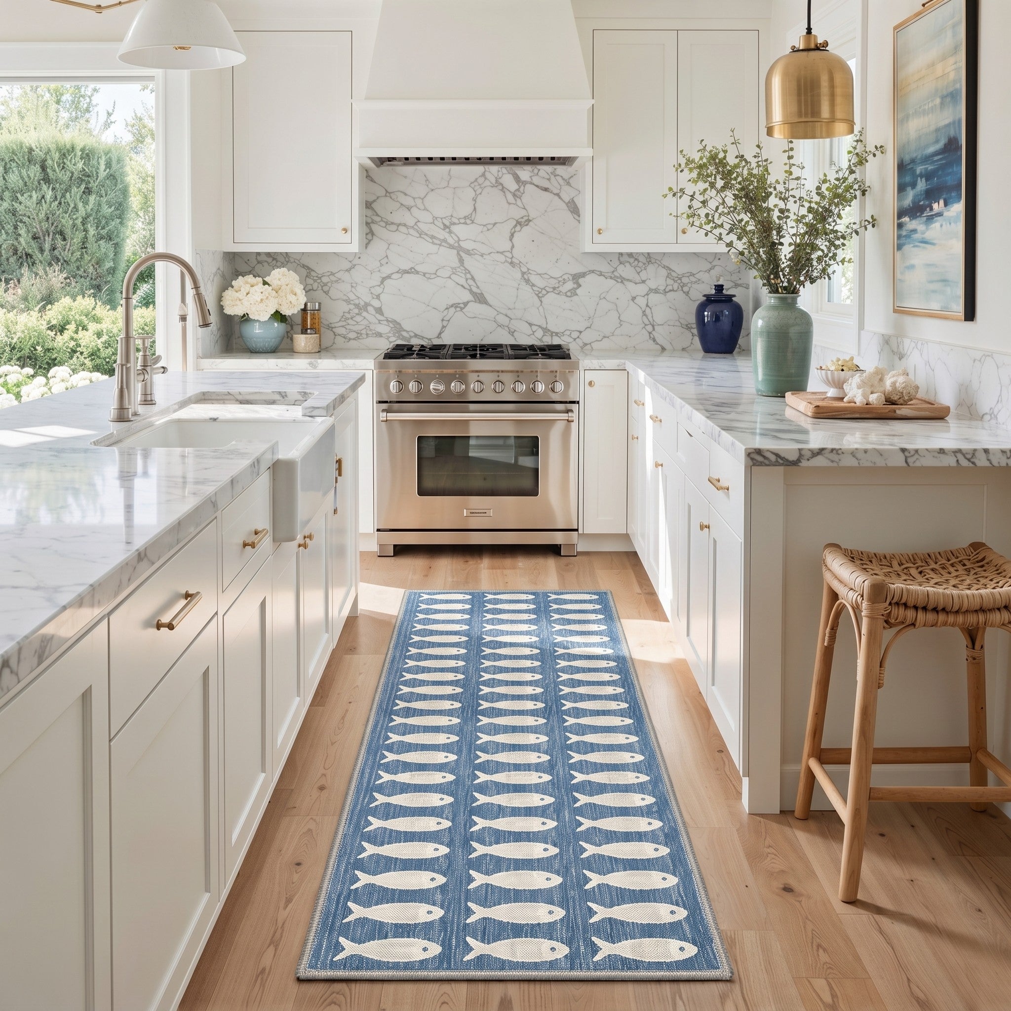 GENIMO 2'x7' Runner Rug, Washable Non Slip Soft Fish Print Hallway Runner for Kitchen Entryway Laundry Room, Washed Blue