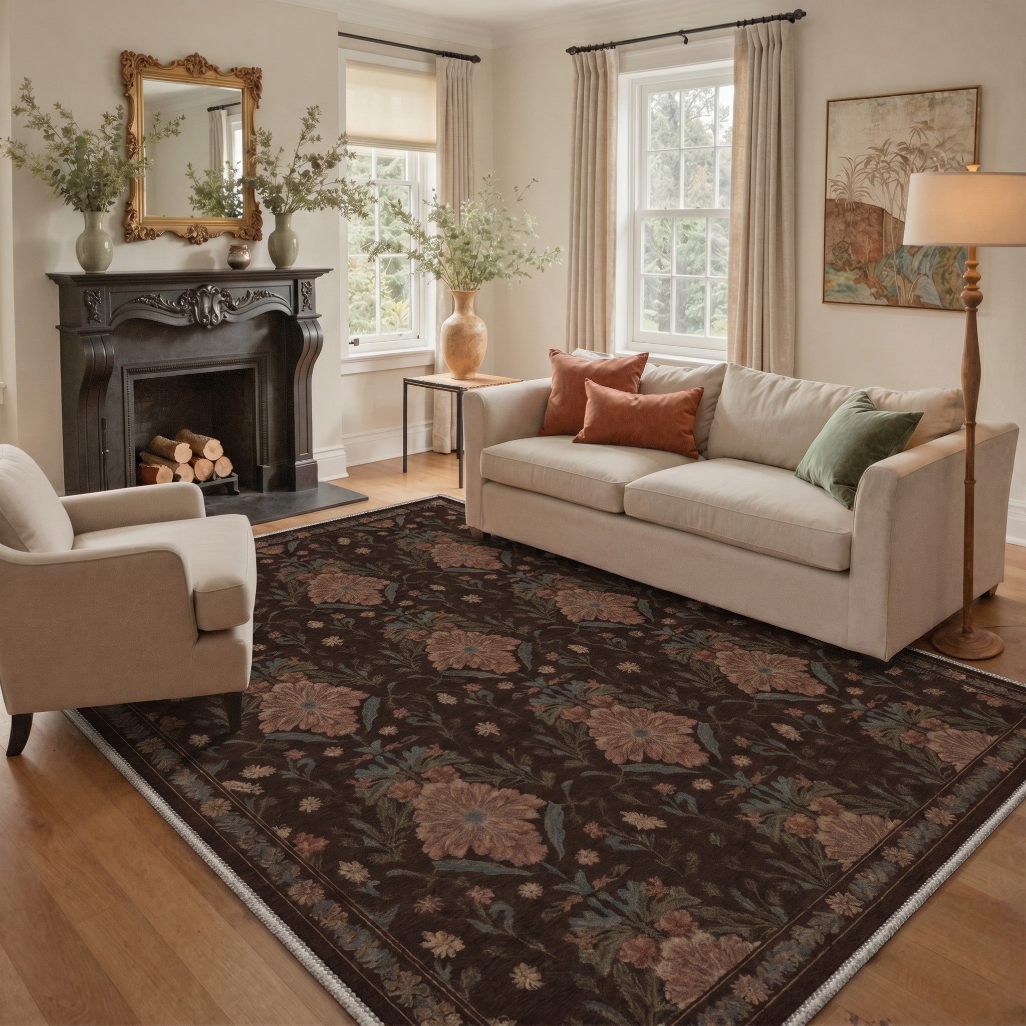 GENIMO 8'x10' Area Rug for Living Room, Washable Non Slip Soft Vintage Floral Rug for Bedroom Dining Room Home Office, Deep Mocha