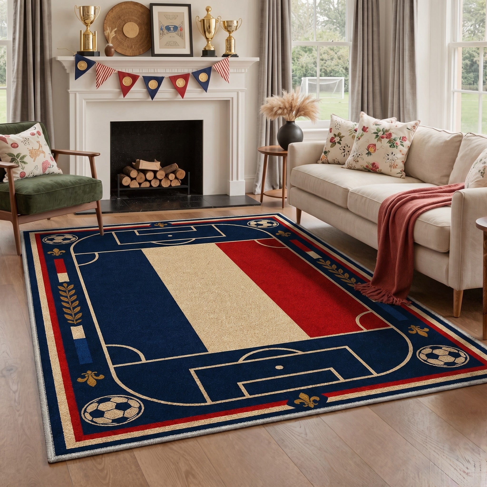 GENIMO 5'x7' Area Rug for Living Room, Washable Rug Non Slip Soft Fleur-de-lis Tricolor Rug for Bedroom Dining Room Home Office, Vintage Tricolor