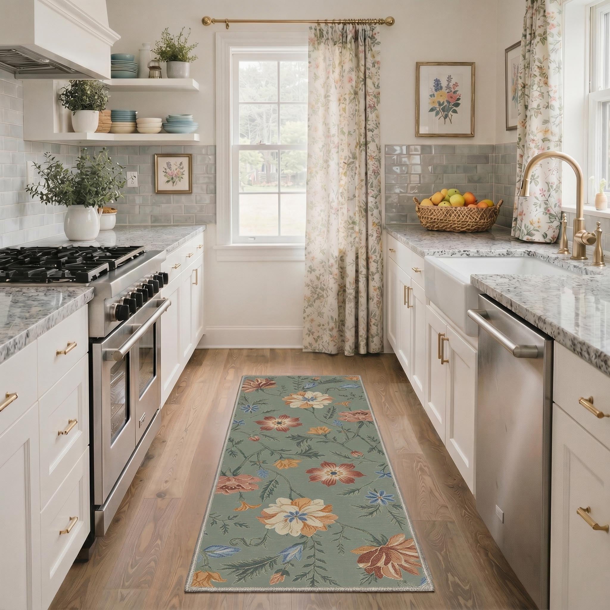 GENIMO 2'x7' Runner Rug, Washable Non Slip Soft Floral Hallway Runner for Kitchen Entryway Laundry Room, Sage Green