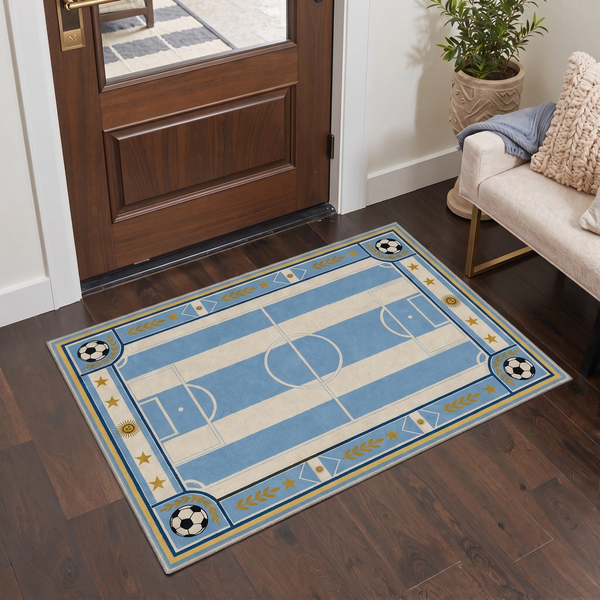 GENIMO 2'x3' Area Rug, Washable Rug Non Slip Soft Azure Gold Soccer Field Indoor Door Mat for Entryway Kitchen Laundry Bathroom, Azure Gold
