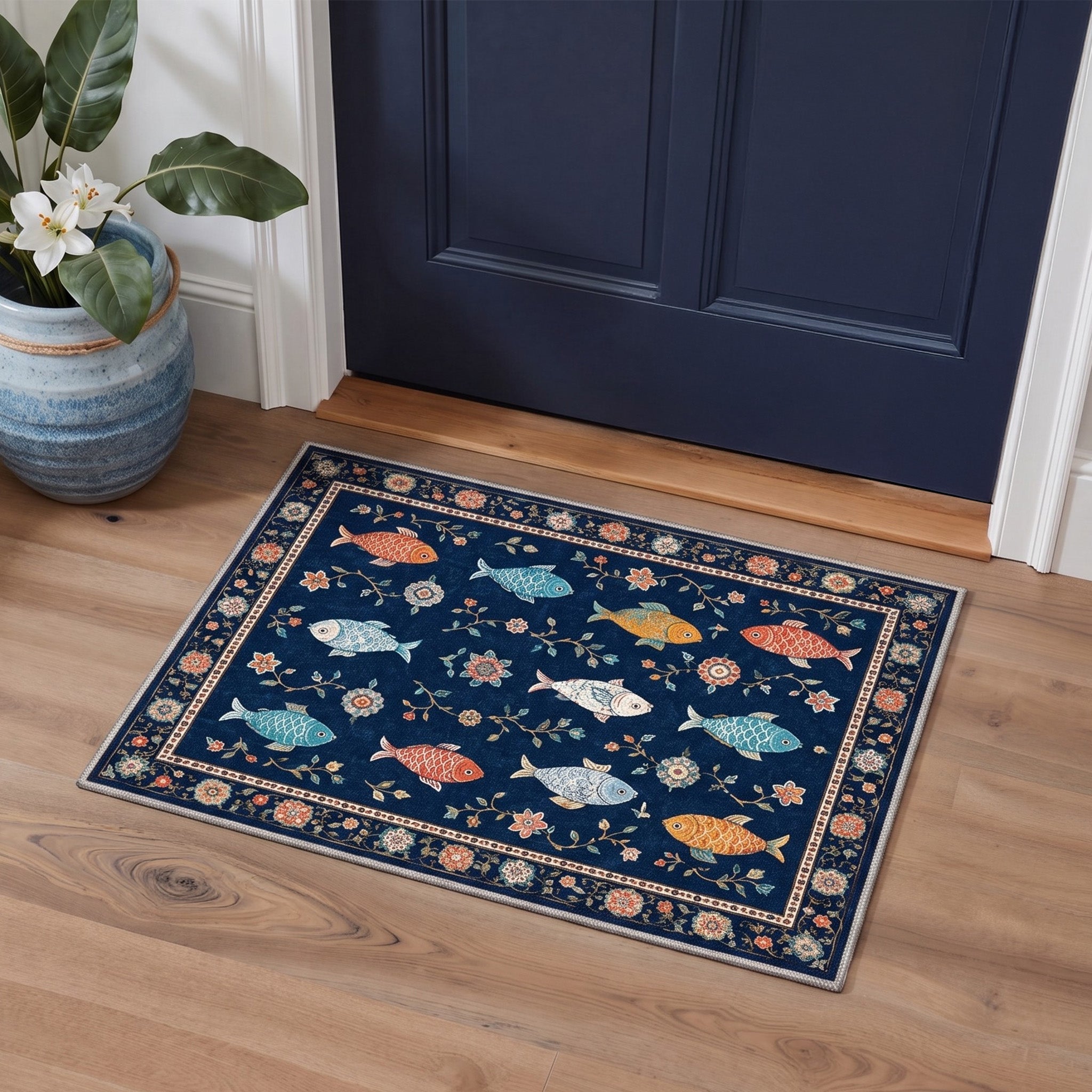 GENIMO 2'x3' Area Rug, Washable Non Slip Soft Fish Floral Print Indoor Door Mat for Entryway Kitchen Laundry Room, Vintage Navy