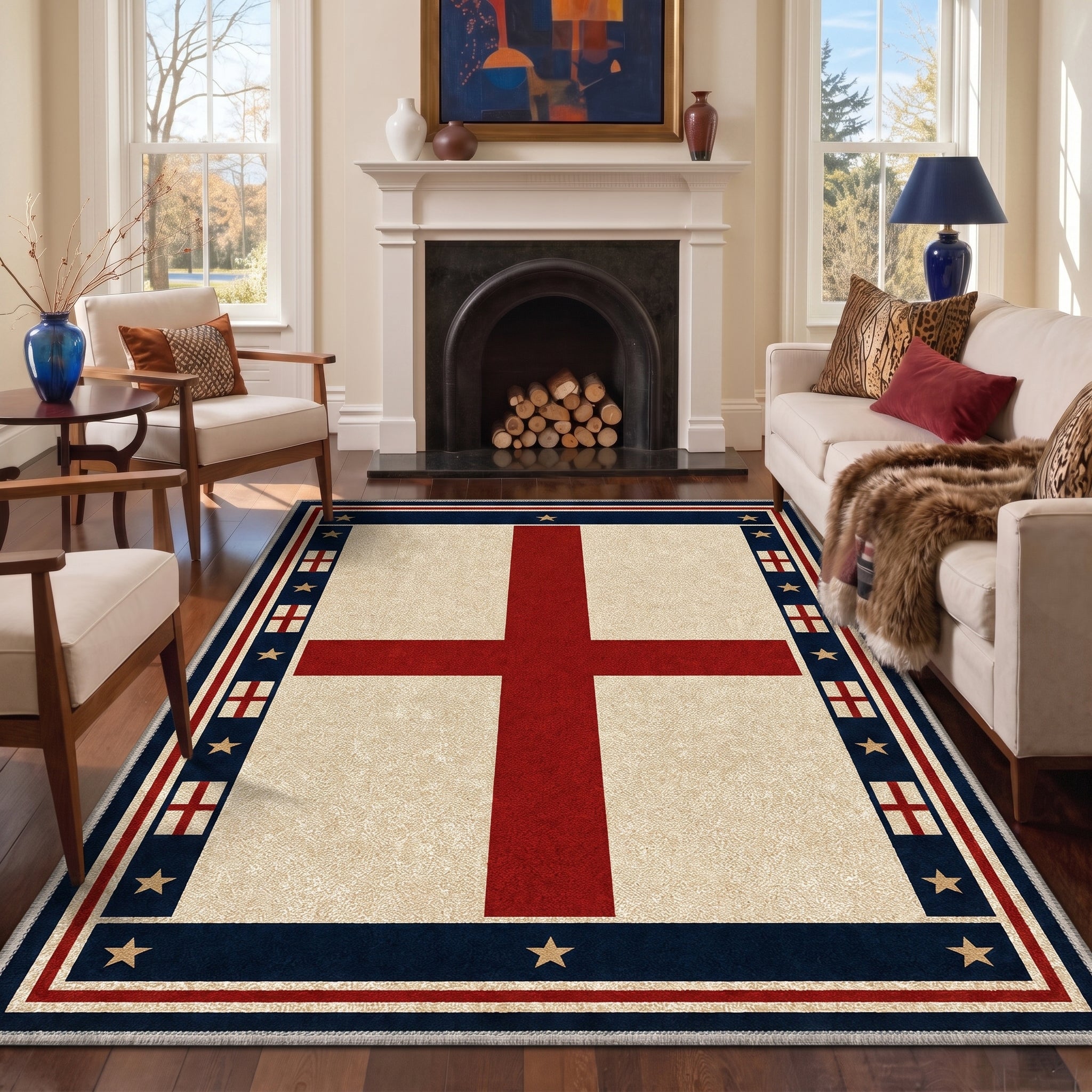 GENIMO 8'x10' Area Rug for Living Room, Washable Rug Non Slip Soft St George Cross Rug for Bedroom Dining Room Home Office, Vintage Red White