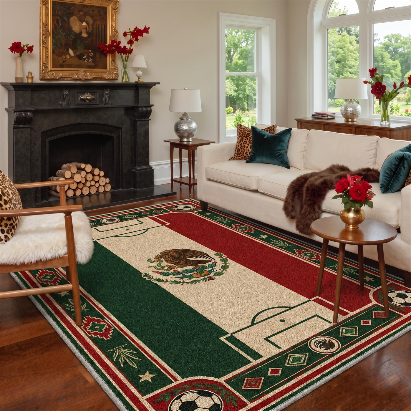 GENIMO 8'x10' Area Rug for Living Room, Washable Rug Non Slip Soft Soccer Crest Vintage Tricolor Rug for Bedroom Dining Room Home Office, Vintage Tricolor