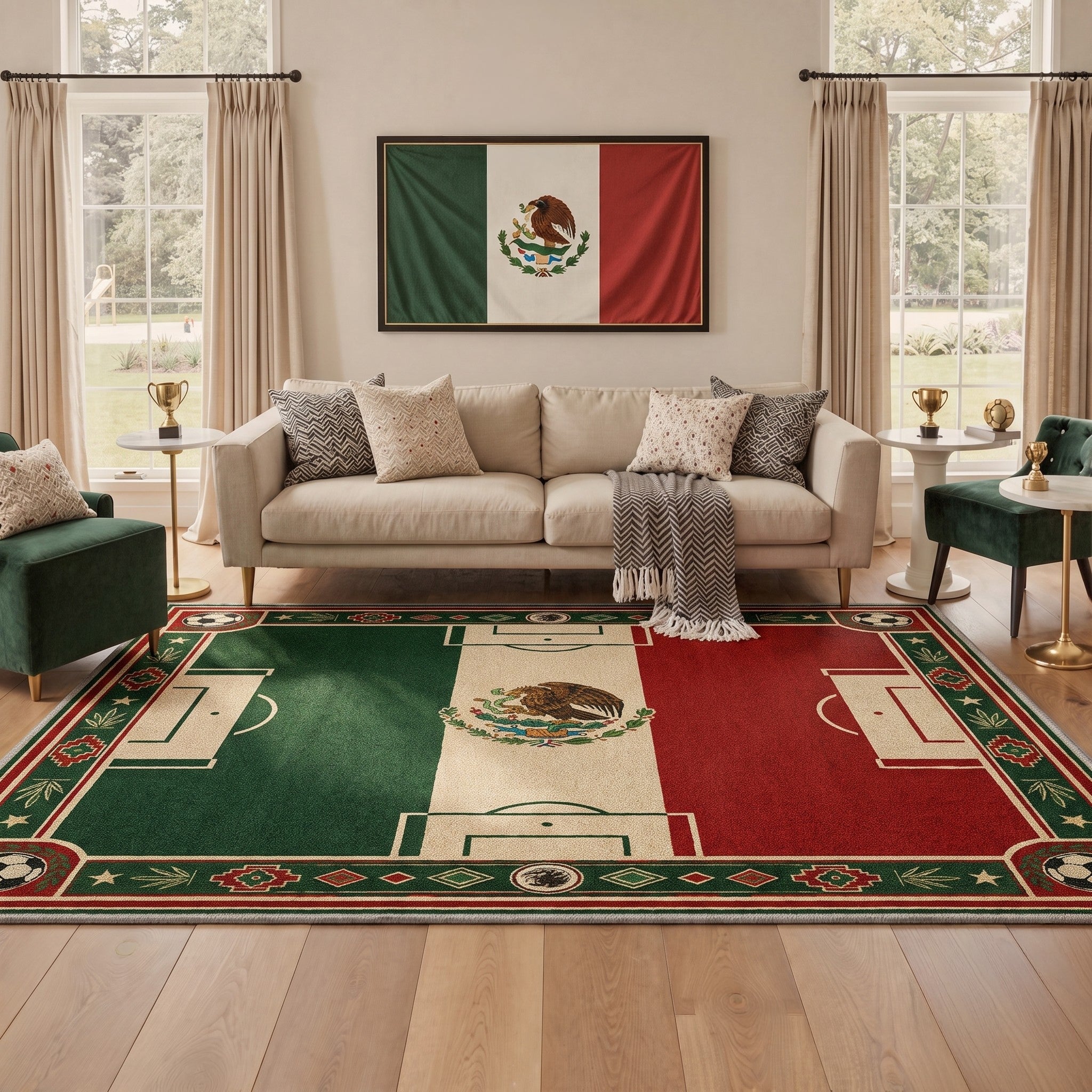 GENIMO 5'x7' Area Rug for Living Room, Washable Rug Non Slip Soft Soccer Crest Vintage Tricolor Rug for Bedroom Dining Room Home Office, Vintage Tricolor