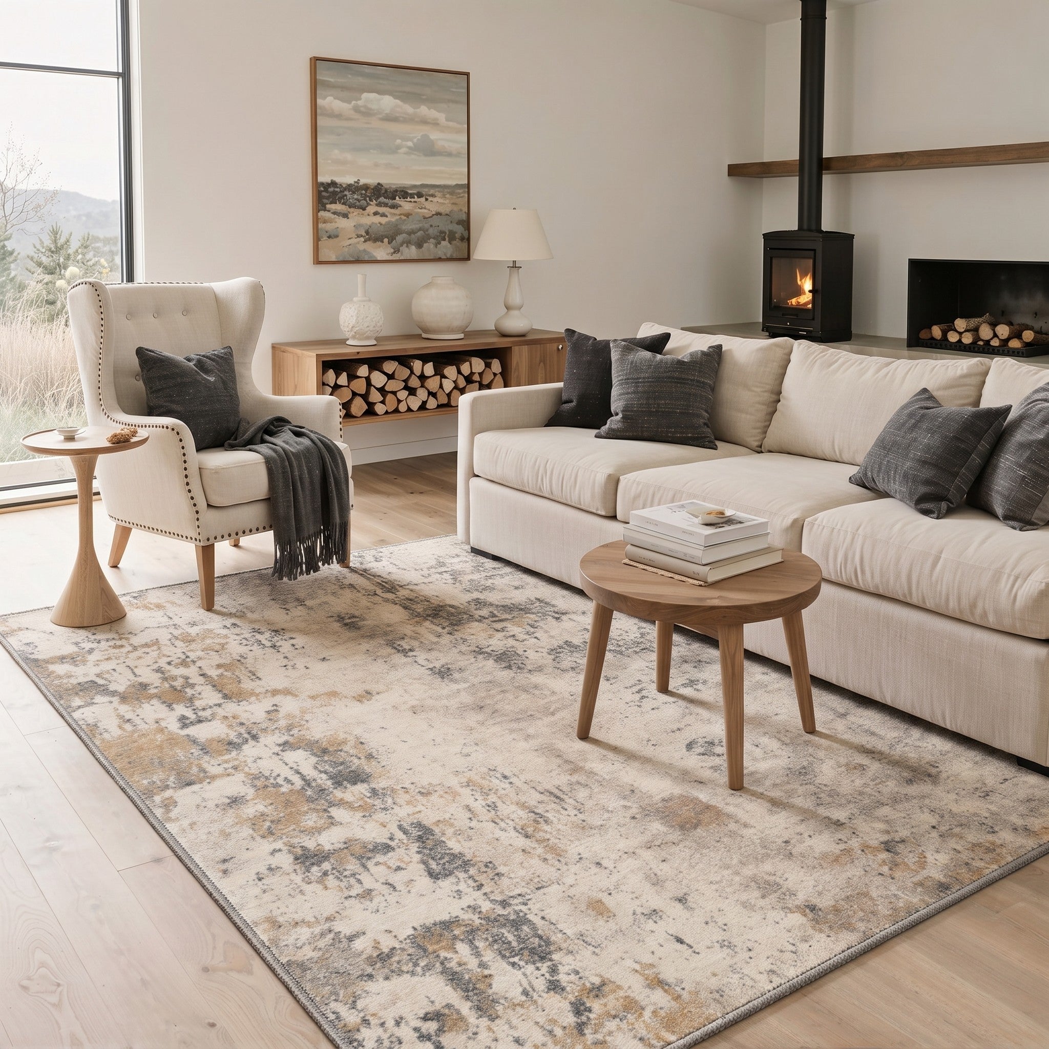 GENIMO 5'x7' Area Rug for Living Room, Washable Non Slip Soft Modern Abstract Rug for Bedroom Dining Room Home Office, Sand Beige
