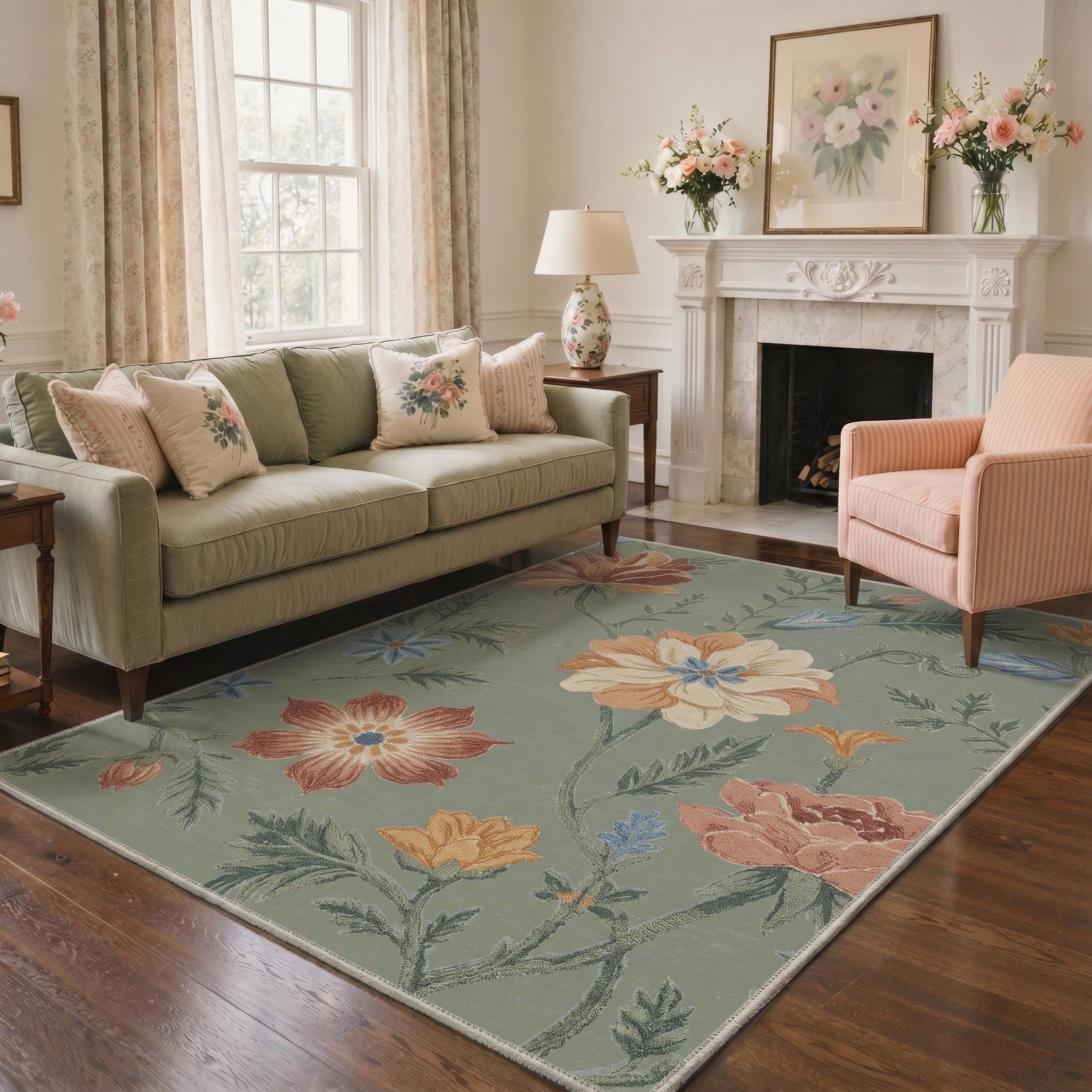 GENIMO 8'x10' Area Rug for Living Room, Washable Non Slip Soft Floral Rug for Bedroom Dining Room Home Office, Sage Green