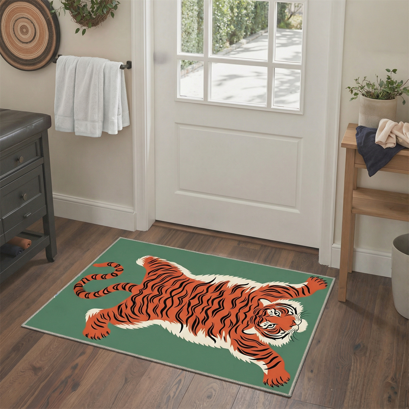 GENIMO 2'x3' Area Rug, Washable Non Slip Soft Tiger Print Indoor Door Mat for Entryway Kitchen Laundry Room, Moss Terracotta