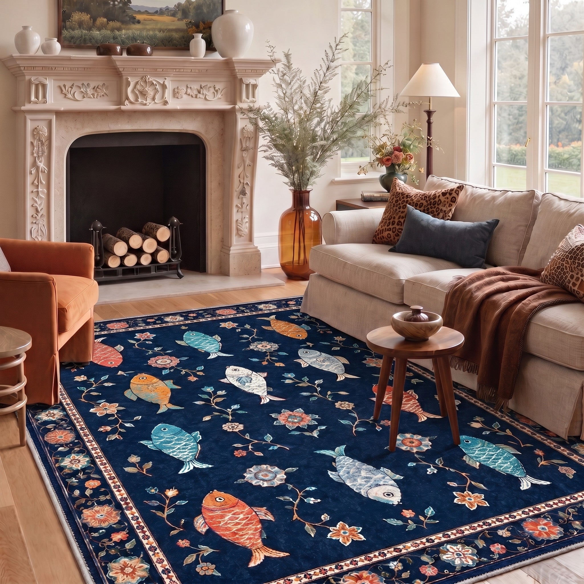 GENIMO 8'x10' Area Rug for Living Room, Washable Non Slip Soft Fish Floral Print Rug for Bedroom Dining Room Home Office, Vintage Navy