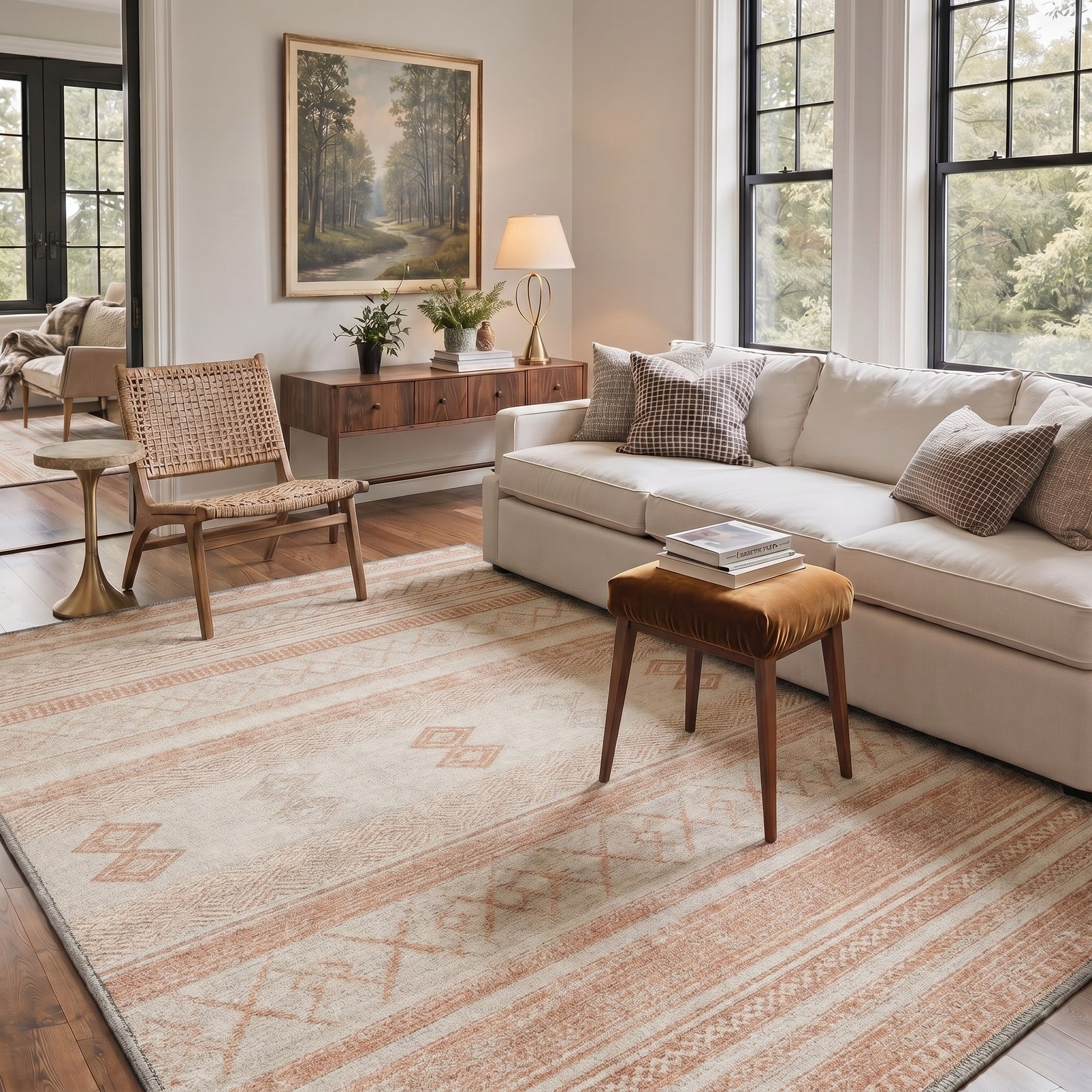 GENIMO 5'x7' Area Rug for Living Room, Washable Non Slip Soft Boho Geometric Rug for Bedroom Dining Room Home Office, Terracotta Cream