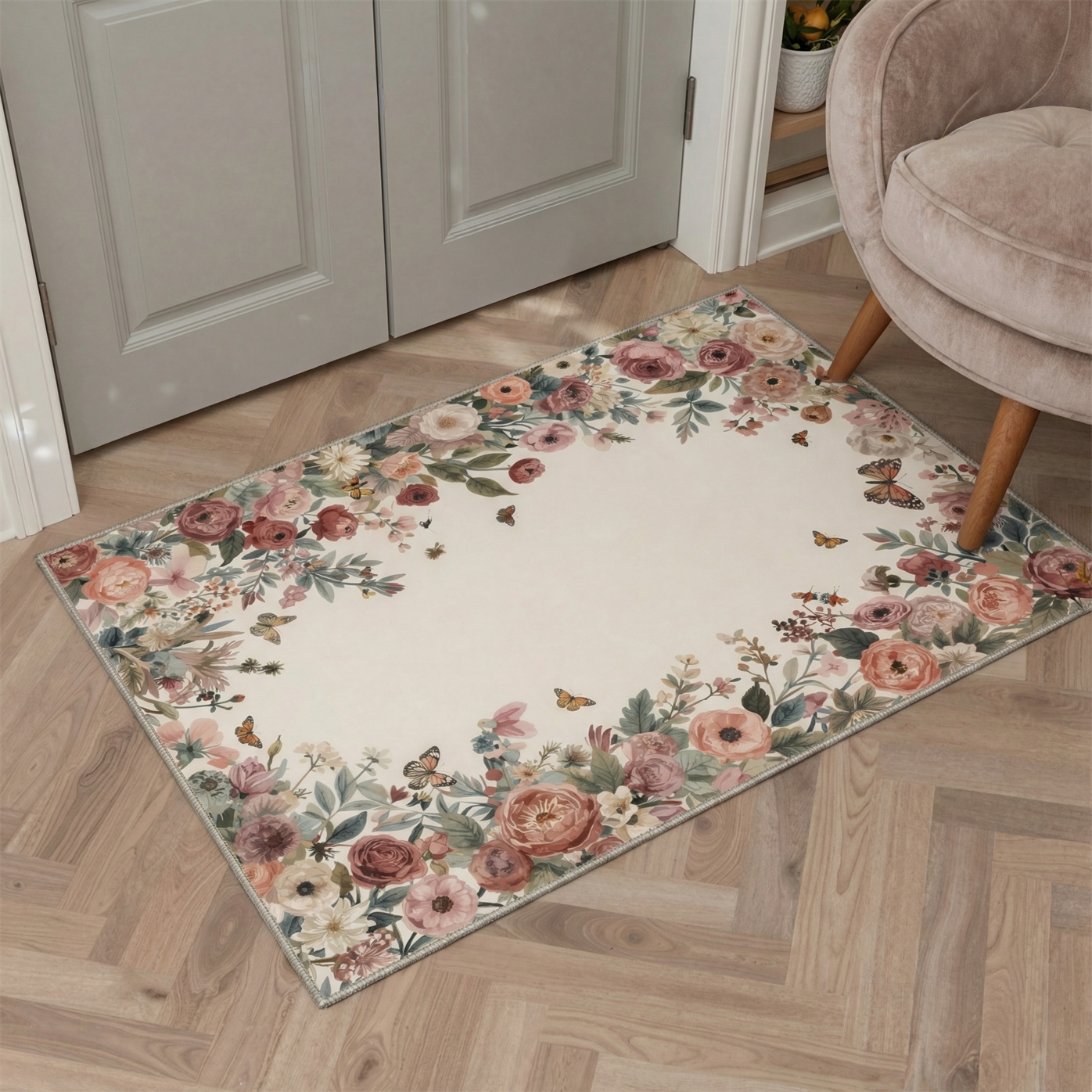 GENIMO 2'x3' Area Rug, Washable Non Slip Soft Floral Indoor Door Mat for Entryway Kitchen Laundry Room, Dusty Rose